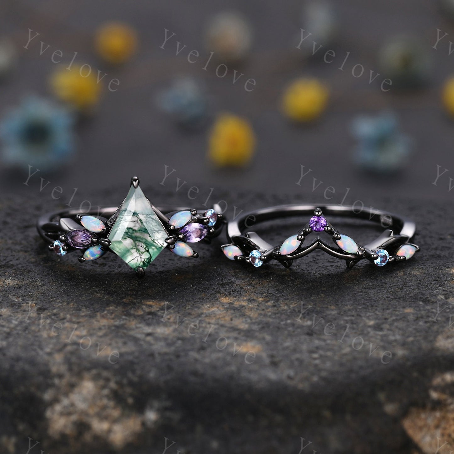 Vintage Kite Moss Agate Engagement Ring,Black Gold Ring,Vines Amethyst Opal Ring,Women Bridal Set,Unique Twig Anniversary Promise Ring Gift