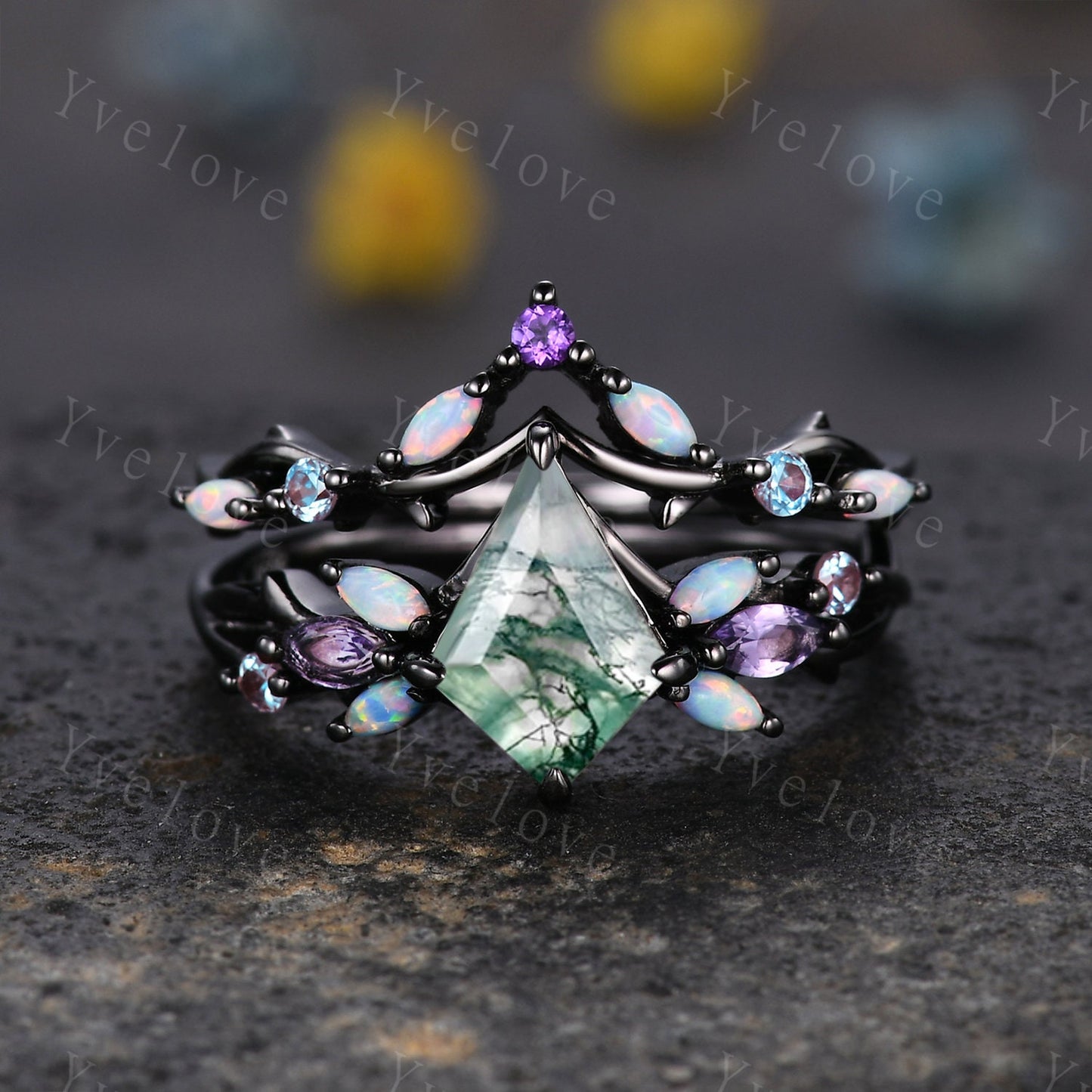 Vintage Kite Moss Agate Engagement Ring,Black Gold Ring,Vines Amethyst Opal Ring,Women Bridal Set,Unique Twig Anniversary Promise Ring Gift