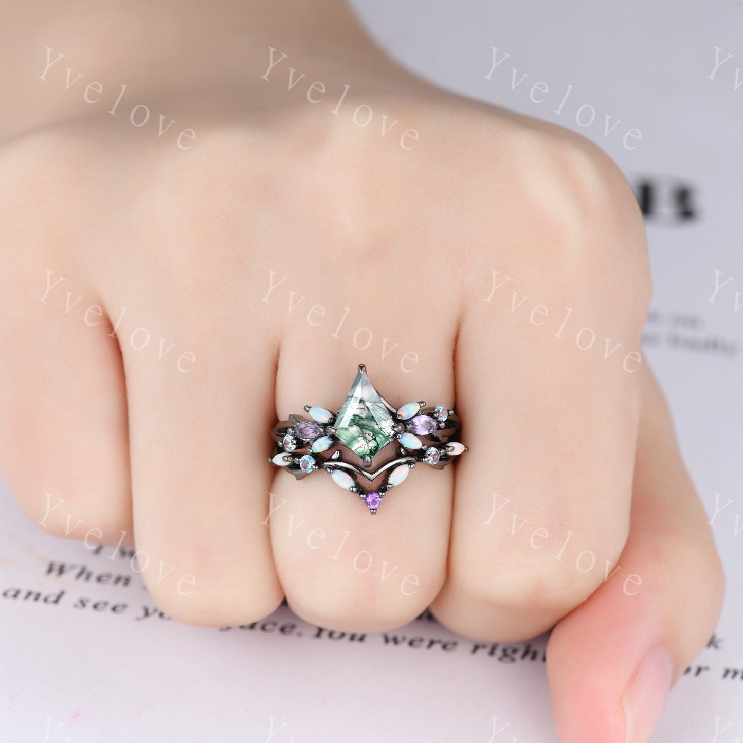 Vintage Kite Moss Agate Engagement Ring,Black Gold Ring,Vines Amethyst Opal Ring,Women Bridal Set,Unique Twig Anniversary Promise Ring Gift