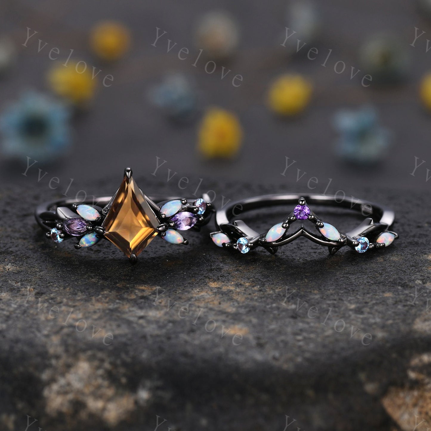 Vintage Kite Smoky Quartz Engagement Ring Set,Black Gold,Vines Amethyst Opal Ring,Women Bridal Set,Unique Twig Anniversary Gift Promise Ring