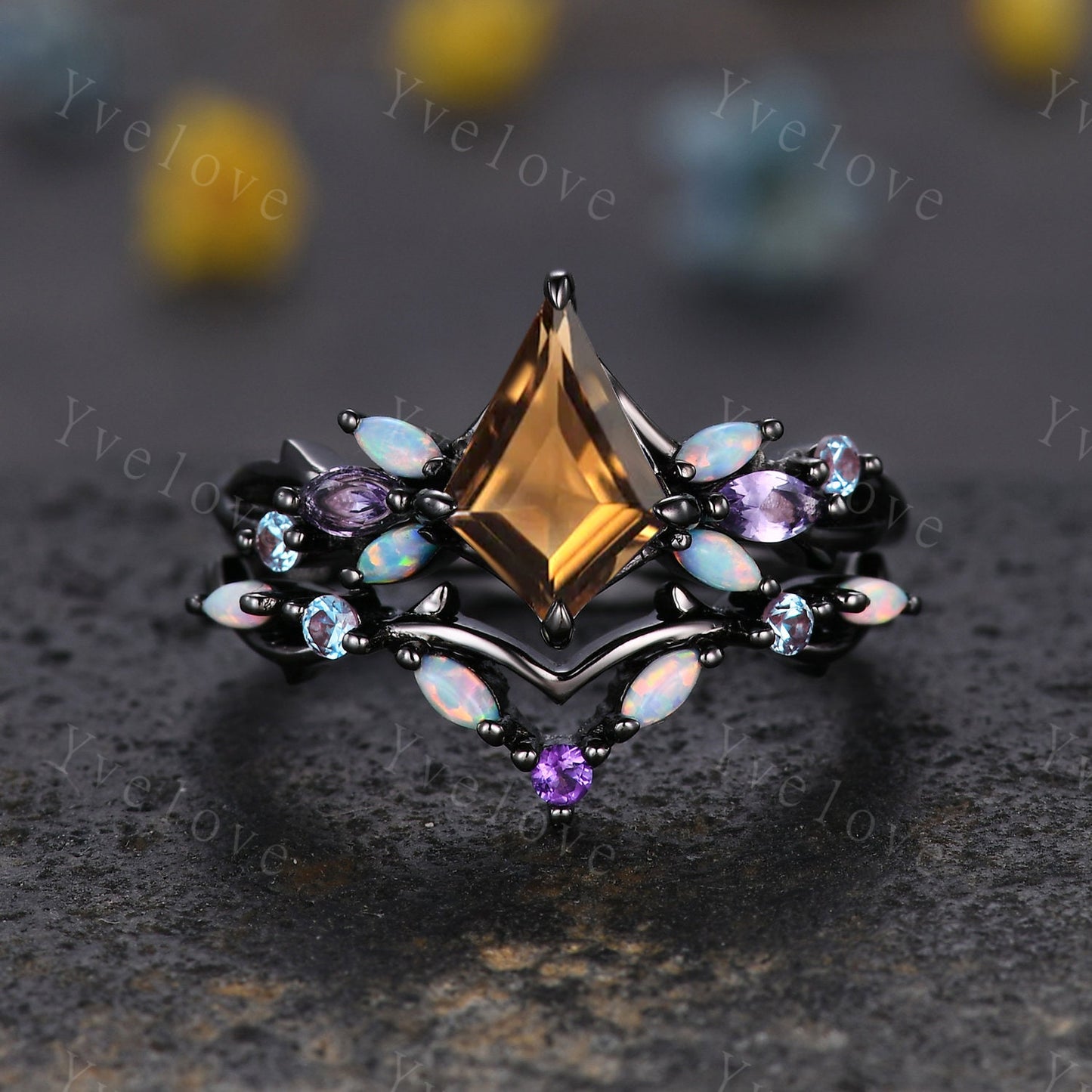 Vintage Kite Smoky Quartz Engagement Ring Set,Black Gold,Vines Amethyst Opal Ring,Women Bridal Set,Unique Twig Anniversary Gift Promise Ring