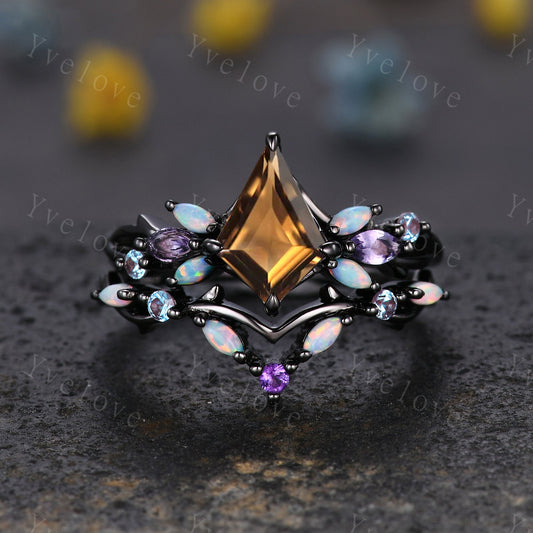 Vintage Kite Smoky Quartz Engagement Ring Set,Black Gold,Vines Amethyst Opal Ring,Women Bridal Set,Unique Twig Anniversary Gift Promise Ring