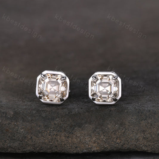 Champagne Moissanite Earrings, Studs for women, Silver Stud earrings, Asscher Moissanite Studs, Anniversary Gift, Everyday Jewelry