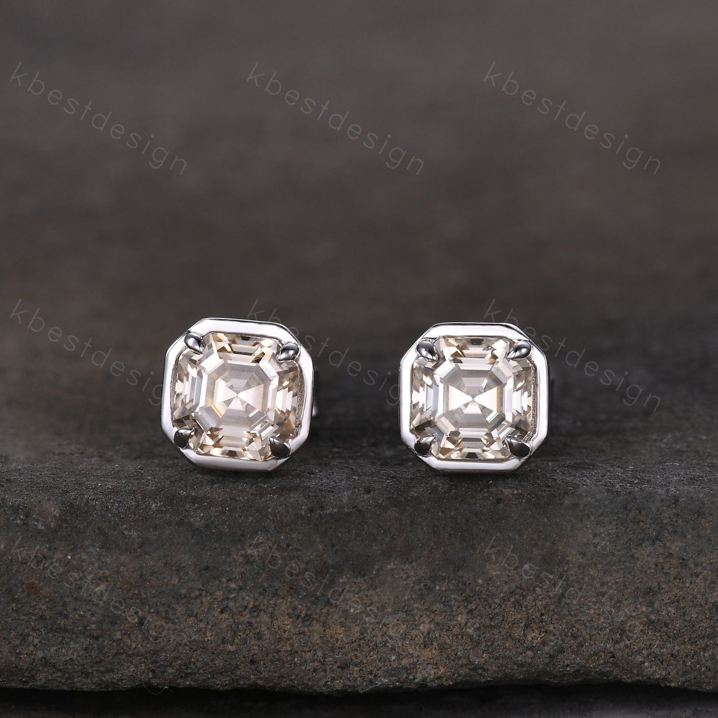 Champagne Moissanite Earrings, Studs for women, Silver Stud earrings, Asscher Moissanite Studs, Anniversary Gift, Everyday Jewelry