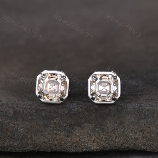 Champagne Moissanite Earrings, Studs for women, Silver Stud earrings, Asscher Moissanite Studs, Anniversary Gift, Everyday Jewelry