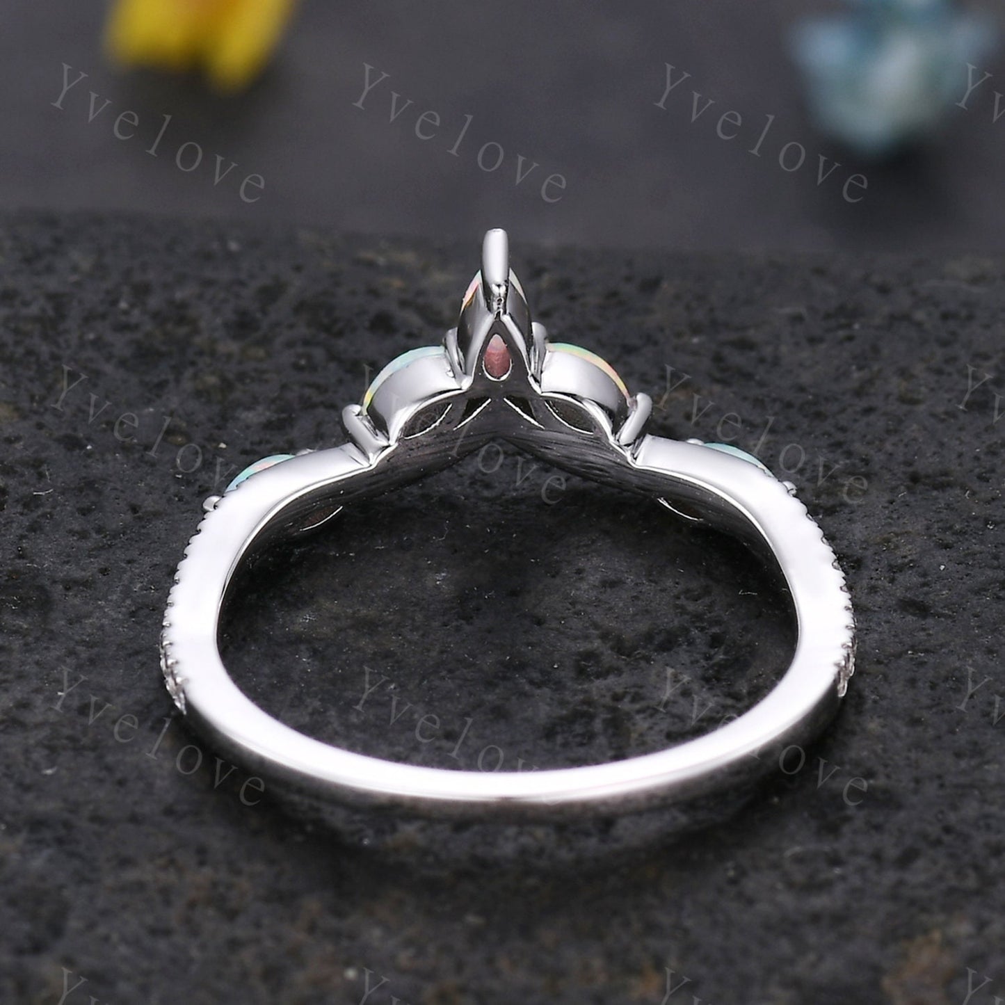 Dainty White opal wedding band moissanite diamond V curved wedding ring stackable matching band gift for women bridal ring 925 silver ring