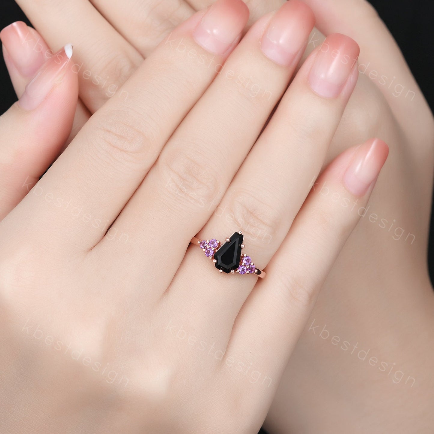 Black Onyx Engagement Ring Rose gold ring Vintage coffin shaped ring Unique Amethyst cluster wedding ring Promise anniversary ring