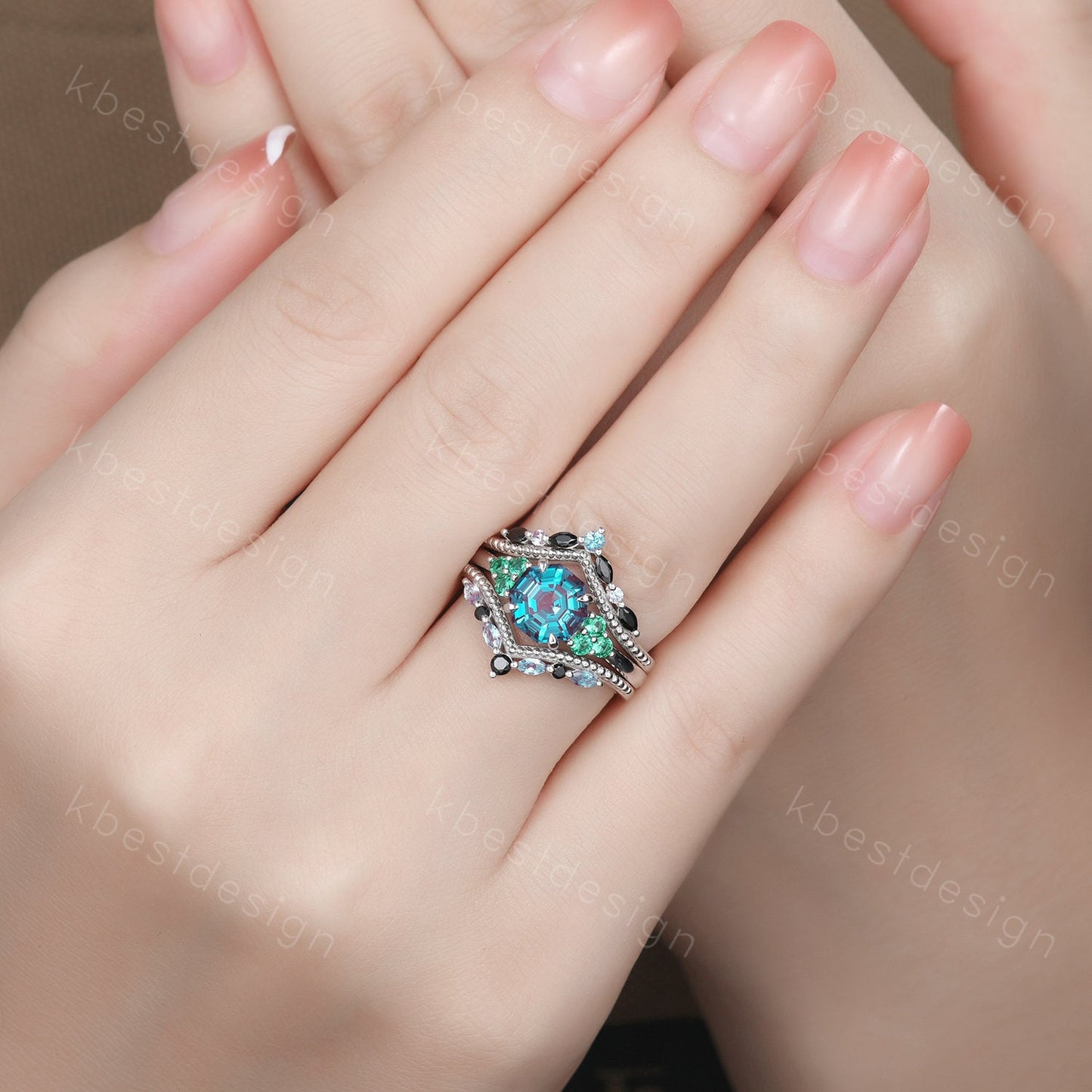 Antique Alexandrite Engagement Ring Set Asscher cut Engagement Ring Unique Art Deco Black Spinel Stacking Matching Band Bridal Promise Set