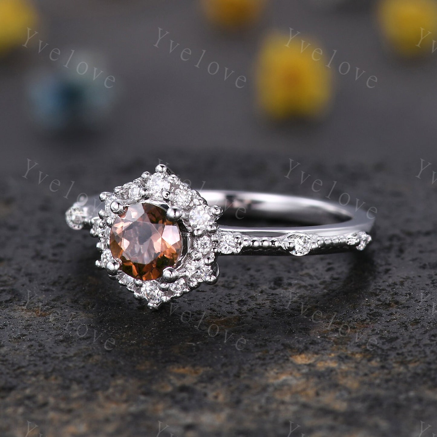 Unique Smoky Quartz Engagement Ring White Gold Moissanite Wedding Band Milgrain Stacking Bridal Set For Women Promise Ring Anniversary Gift