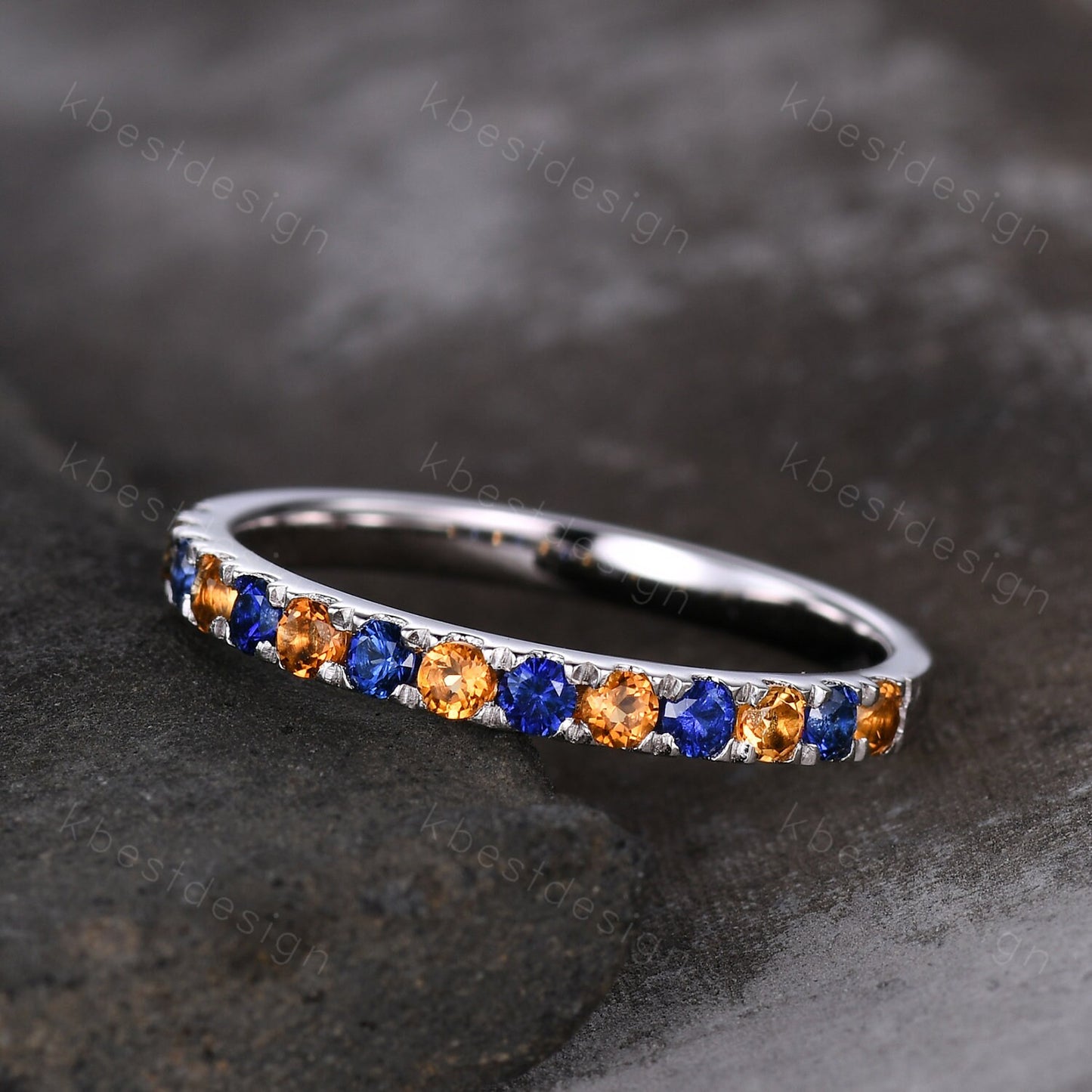 2mm Sapphire and Citrine Ring, Half Eternity Sapphire Wedding Band, Silver Citrine Wedding Ring, Unique Stacking Matching Band, Aniversary