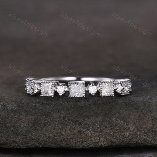 Princess cut Moissanite Wedding Band Unique Half Eternity Stacking Band Silver Moissanite Ring Women Matching Band Promise Anniversary Ring