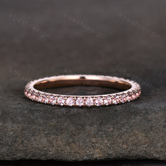 1.5mm Pink Morganite Wedding Band Delicate Rose Gold Eternity Band Mirco Pave Band for Women Minimalist Bridal Matching Stackable band