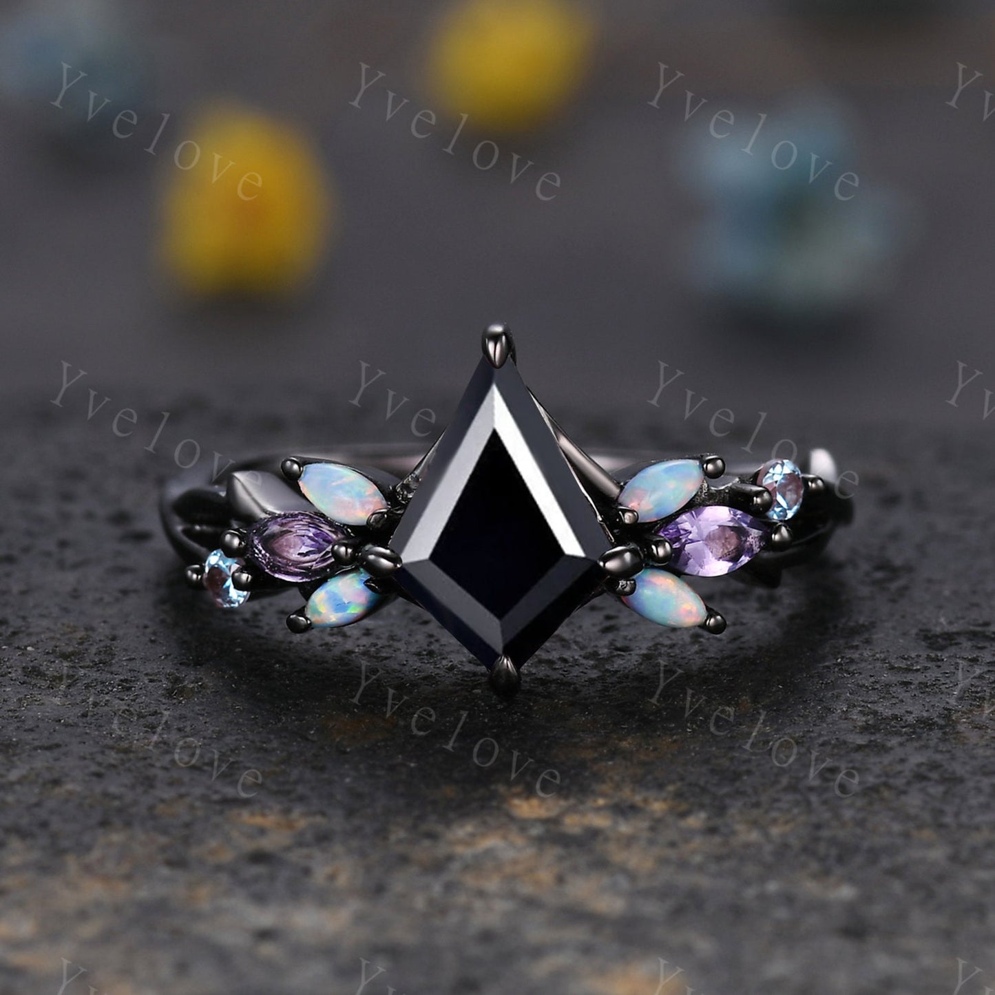 3PCS Vintage Kite Black Onyx Engagement Ring Set,Black Gold,Vines Amethyst Opal Ring,Women Bridal Ring Set,Unique Twig Promise Ring Gift
