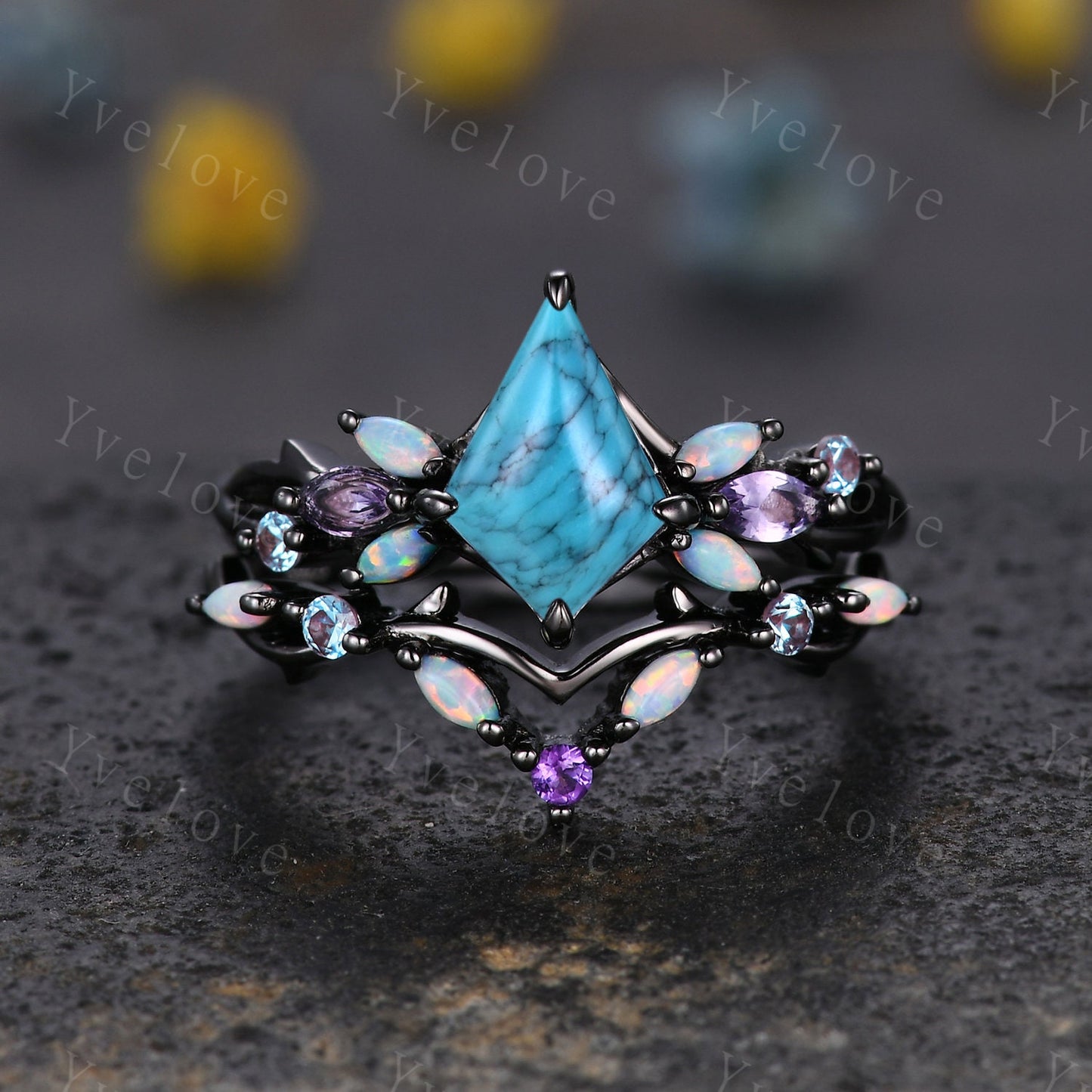 Vintage Kite Turquoise Engagement Ring Set,Black Gold,Vines Amethyst Opal Ring,Women Bridal Set,Unique Twig Anniversary Promise Ring Gift