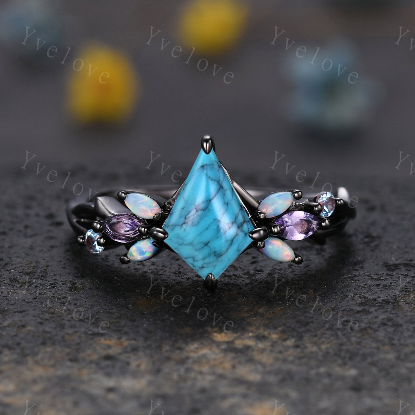 Vintage Kite Turquoise Engagement Ring Set,Black Gold,Vines Amethyst Opal Ring,Women Bridal Set,Unique Twig Anniversary Promise Ring Gift
