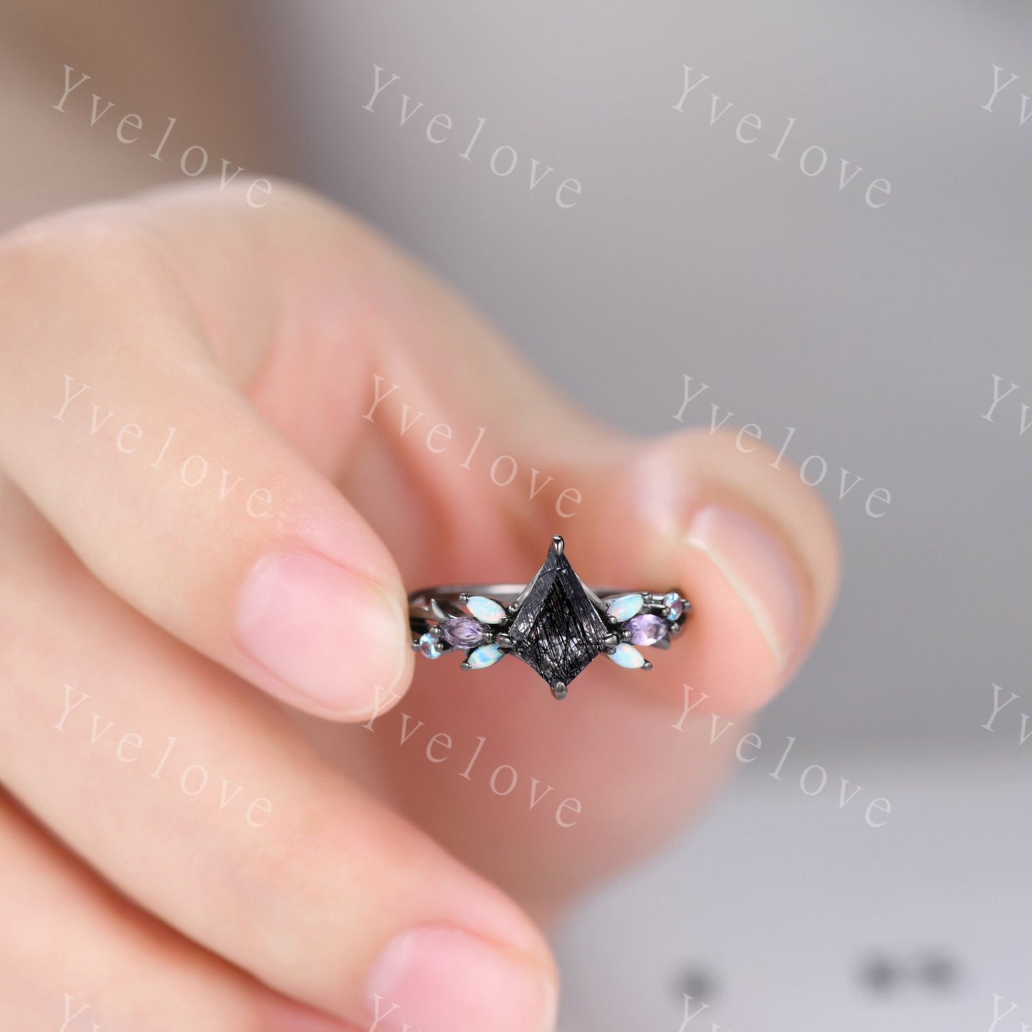 Vintage Kite Black Rutilated Quartz Engagement Ring Set,Black Gold,Vines Amethyst Opal Ring,Women Bridal Set,Unique Twig Promise Ring Gift