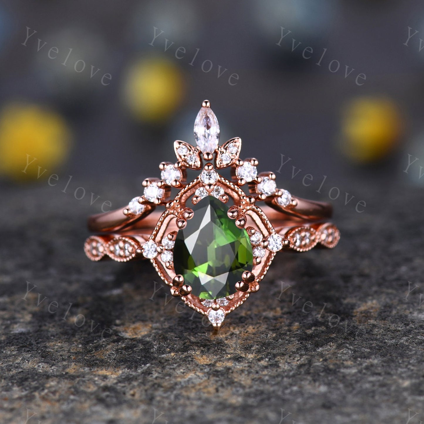Vintage Green Tourmaline Ring Set,Pear Shape Tourmaline Ring,14K Solid Gold Ring,Unique Women Moissanite Promise Ring For Her,Handmade Gift