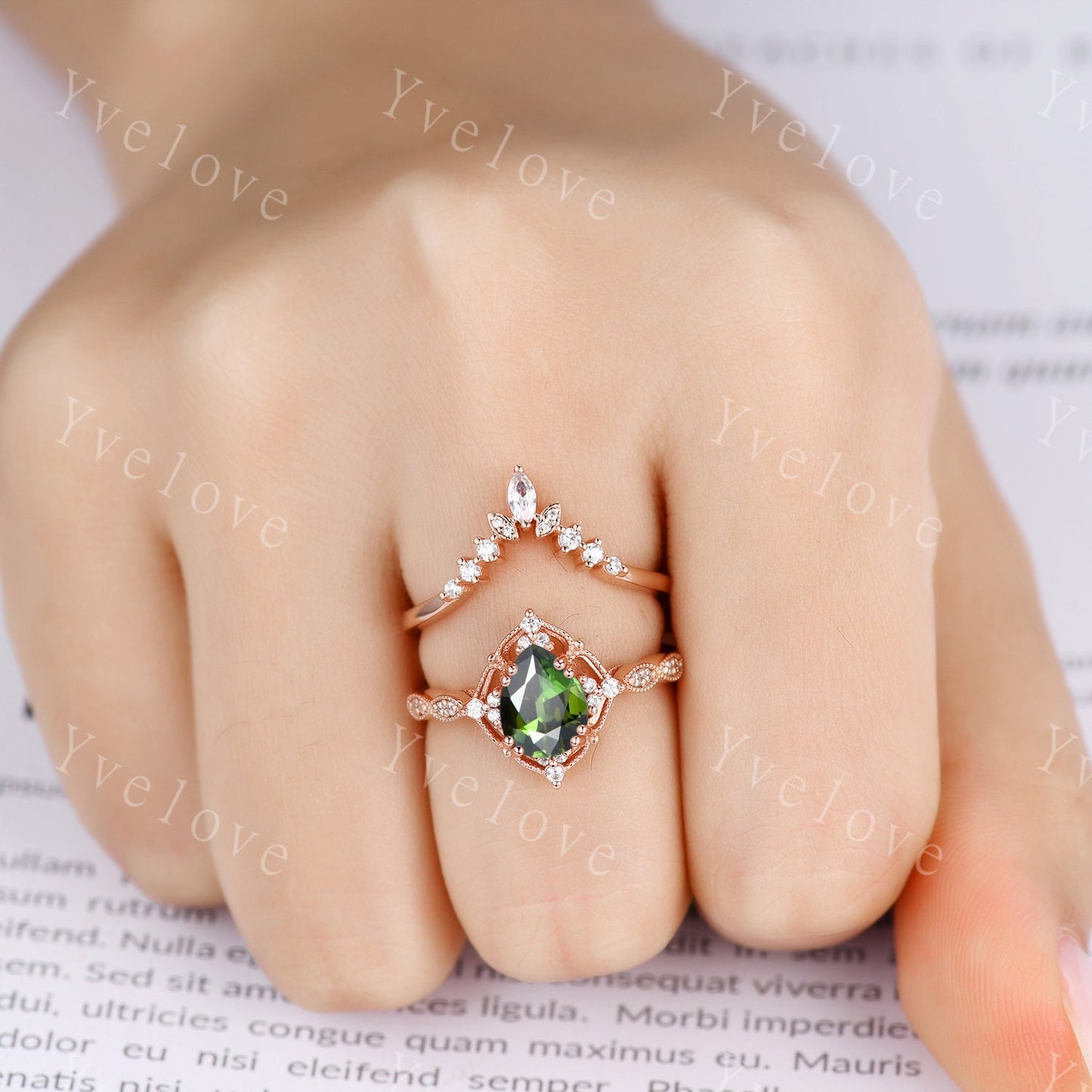 Vintage Green Tourmaline Ring Set,Pear Shape Tourmaline Ring,14K Solid Gold Ring,Unique Women Moissanite Promise Ring For Her,Handmade Gift