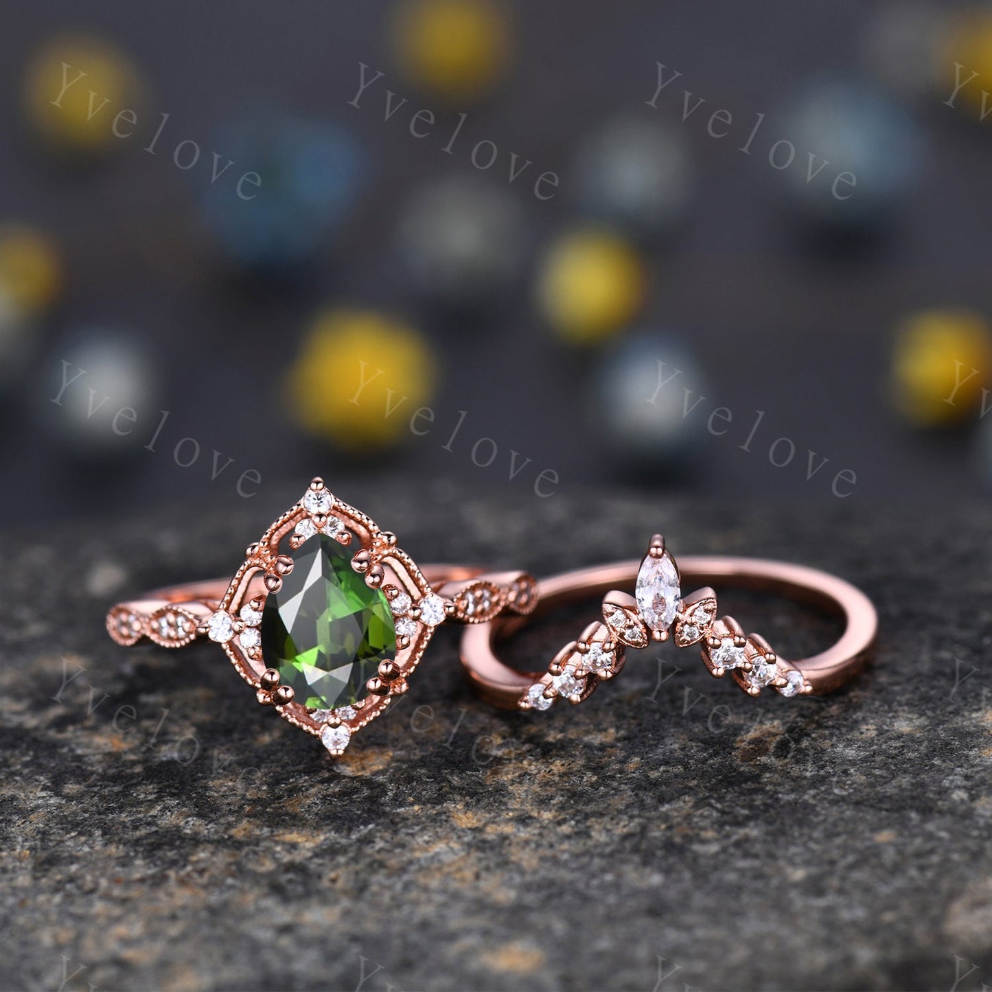 Vintage Green Tourmaline Ring Set,Pear Shape Tourmaline Ring,14K Solid Gold Ring,Unique Women Moissanite Promise Ring For Her,Handmade Gift