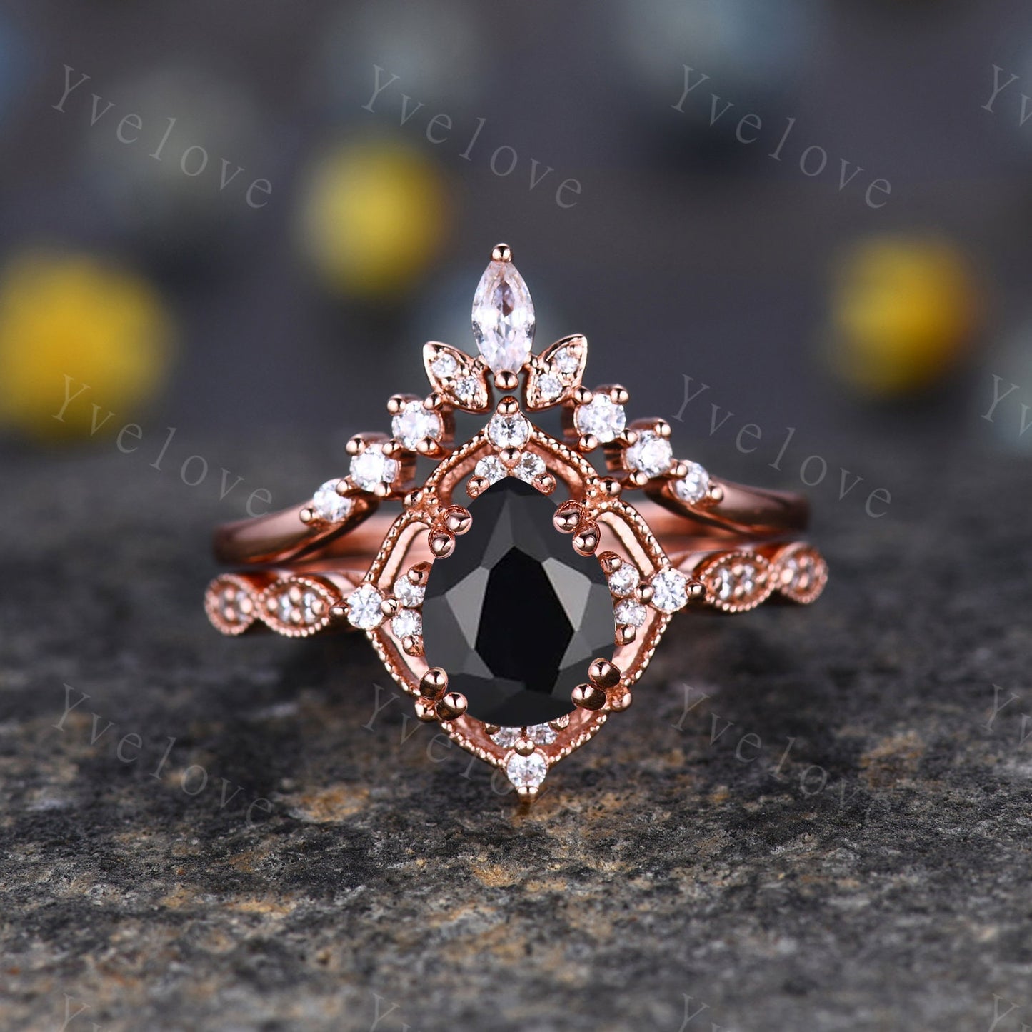 Vintage Black Onyx Engagement Ring,Pear Shape Black Onyx Ring Set,925 Silver Ring,Unique Women Moissanite Promise Ring For Her,Handmade Ring