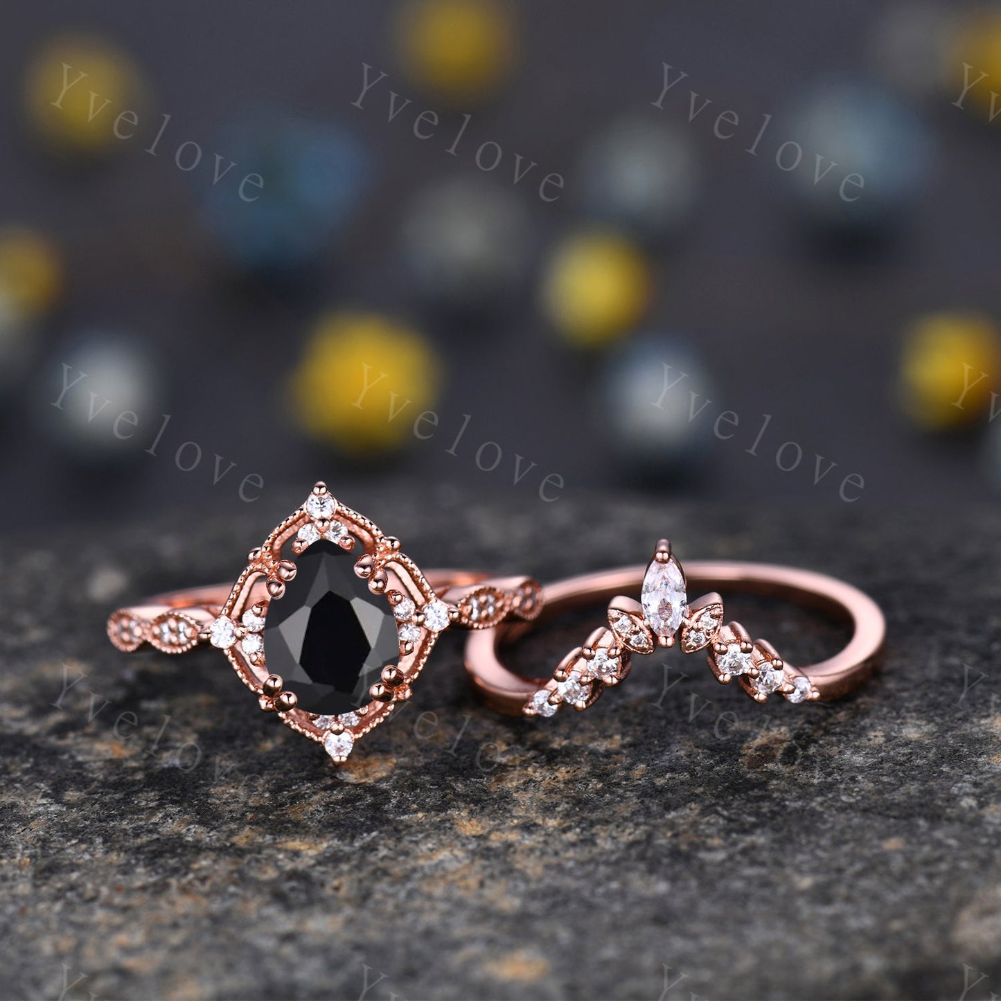 Vintage Black Onyx Engagement Ring,Pear Shape Black Onyx Ring Set,925 Silver Ring,Unique Women Moissanite Promise Ring For Her,Handmade Ring