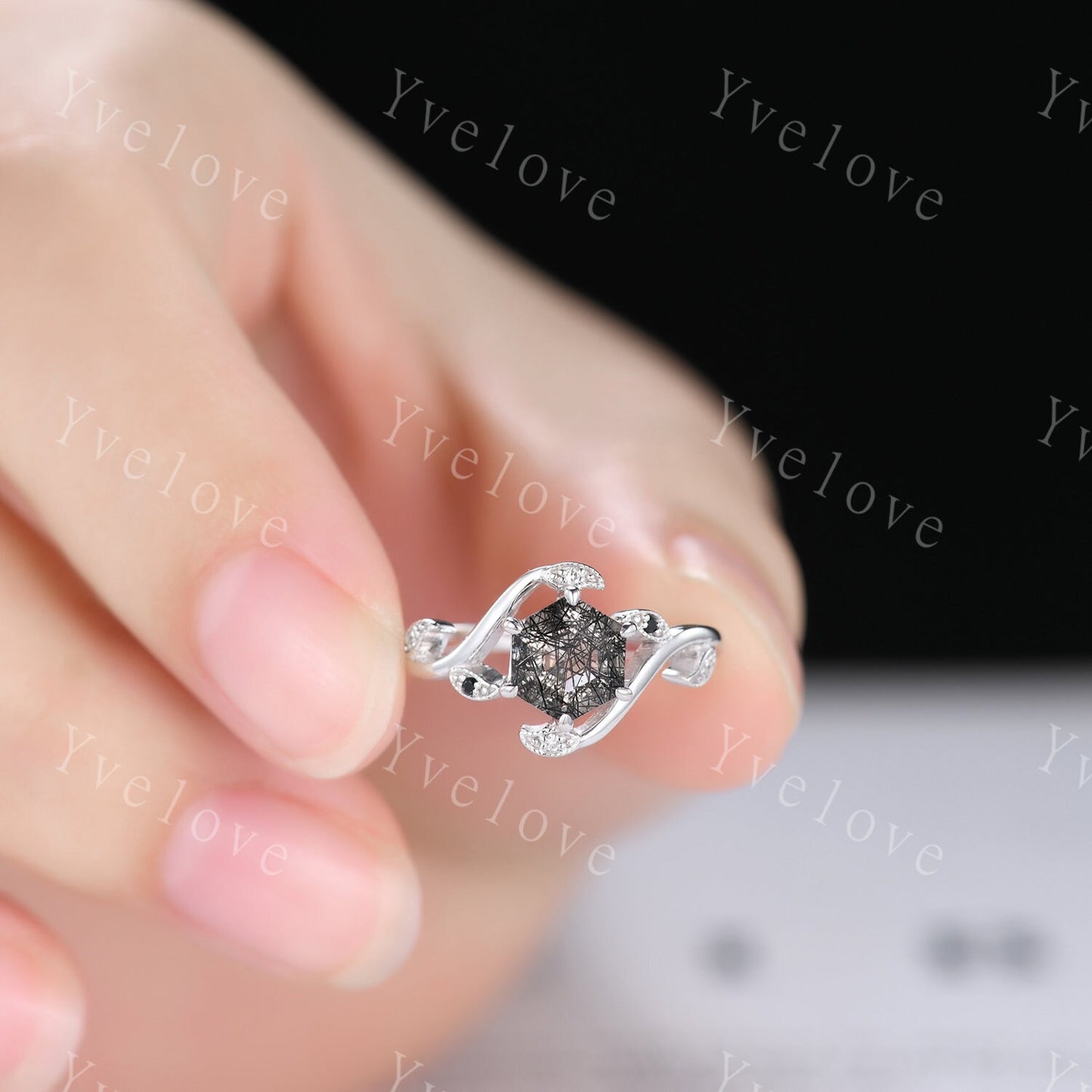 Retro hexagon Black Rutilate Quartz Ring,Vintage Black Gems Set,Unique Rutilated Quartz  Engagement Ring,Promise Ring,Bridal Ring Set Gift