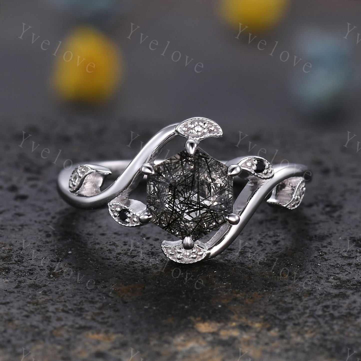 Retro hexagon Black Rutilate Quartz Ring,Vintage Black Gems Set,Unique Rutilated Quartz  Engagement Ring,Promise Ring,Bridal Ring Set Gift