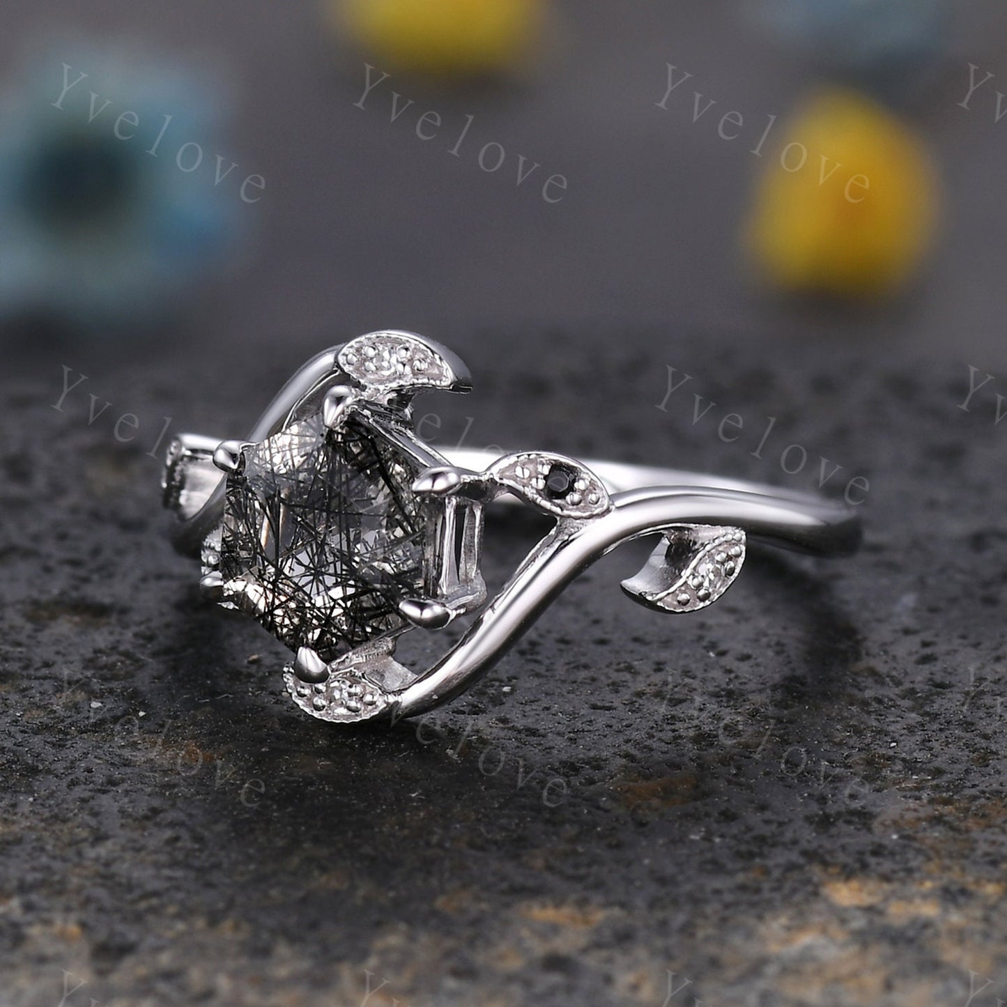Retro hexagon Black Rutilate Quartz Ring,Vintage Black Gems Set,Unique Rutilated Quartz  Engagement Ring,Promise Ring,Bridal Ring Set Gift