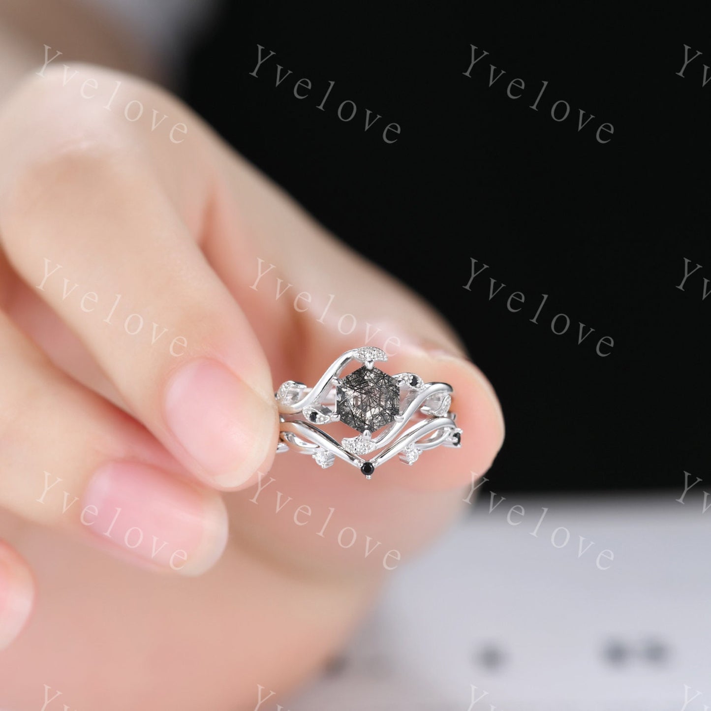 Retro hexagon Black Rutilate Quartz Ring,Vintage Black Gems Set,Unique Rutilated Quartz  Engagement Ring,Promise Ring,Bridal Ring Set Gift