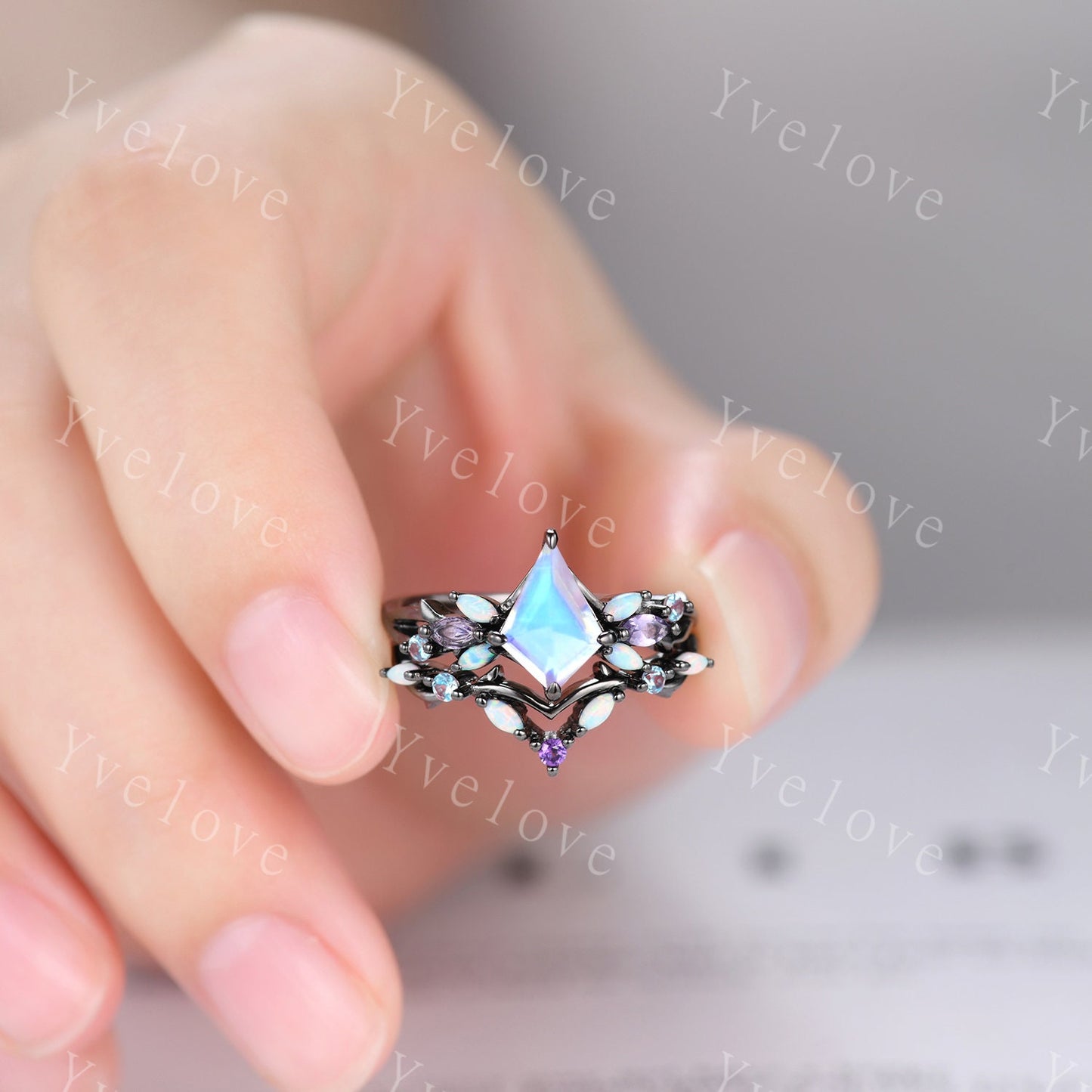 Vintage Kite Moonstone Engagement Ring Set,Black Gold,Vines Amethyst Opal Ring,Women Bridal Set,Unique Twig Anniversary Promise Ring Gift