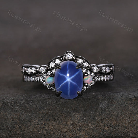 Gothic Black Gold Star Sapphire Engagement Ring Set, Black Gold Ring, Art Deco Oval Cut Bridal Set, Unique Rhodium Black Moissanite Ring