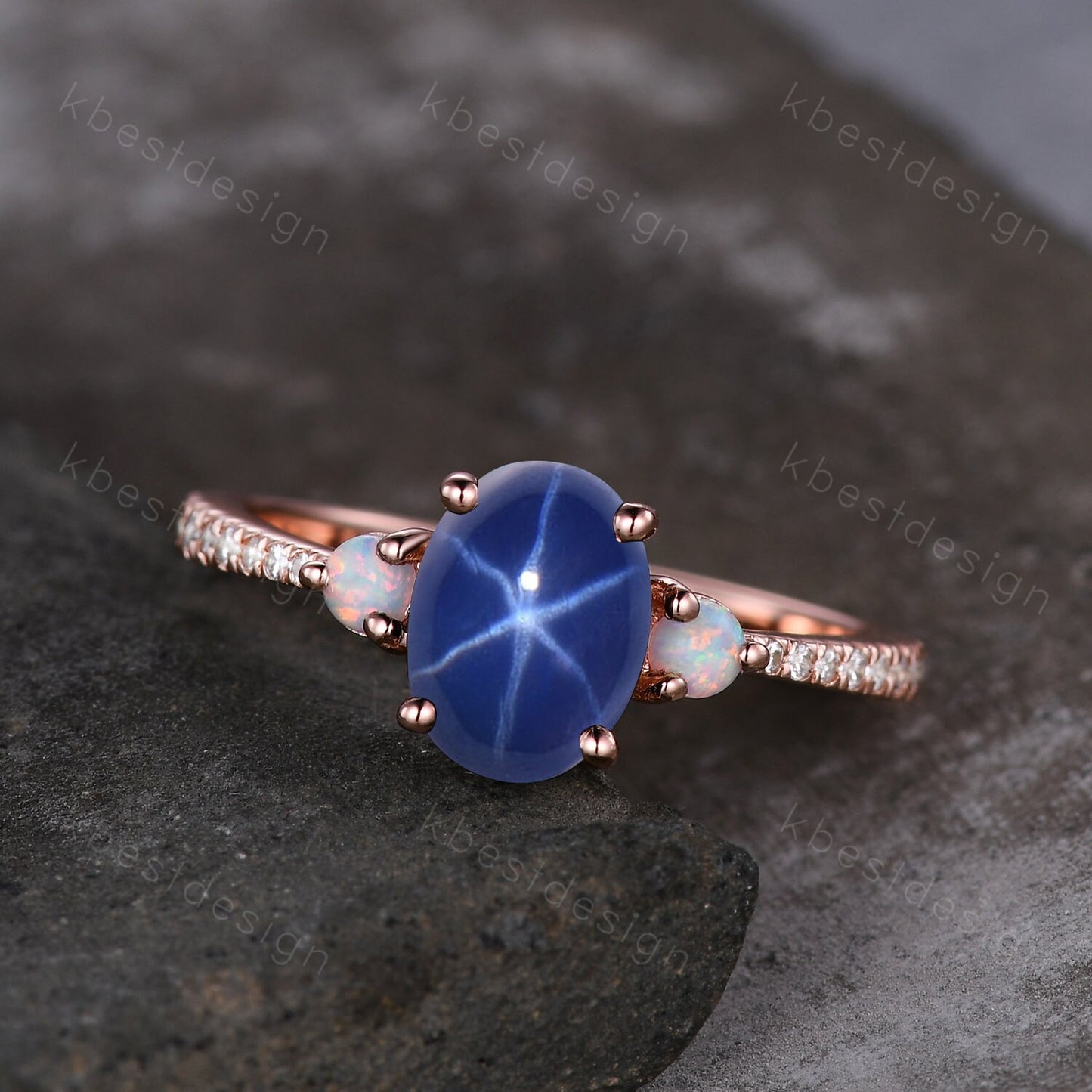Star Sapphire Engagement Ring Oval Cut Galaxy Crystal Engagement Ring Rose Gold Opal Three stone Ring Unique Promise Ring September Ring