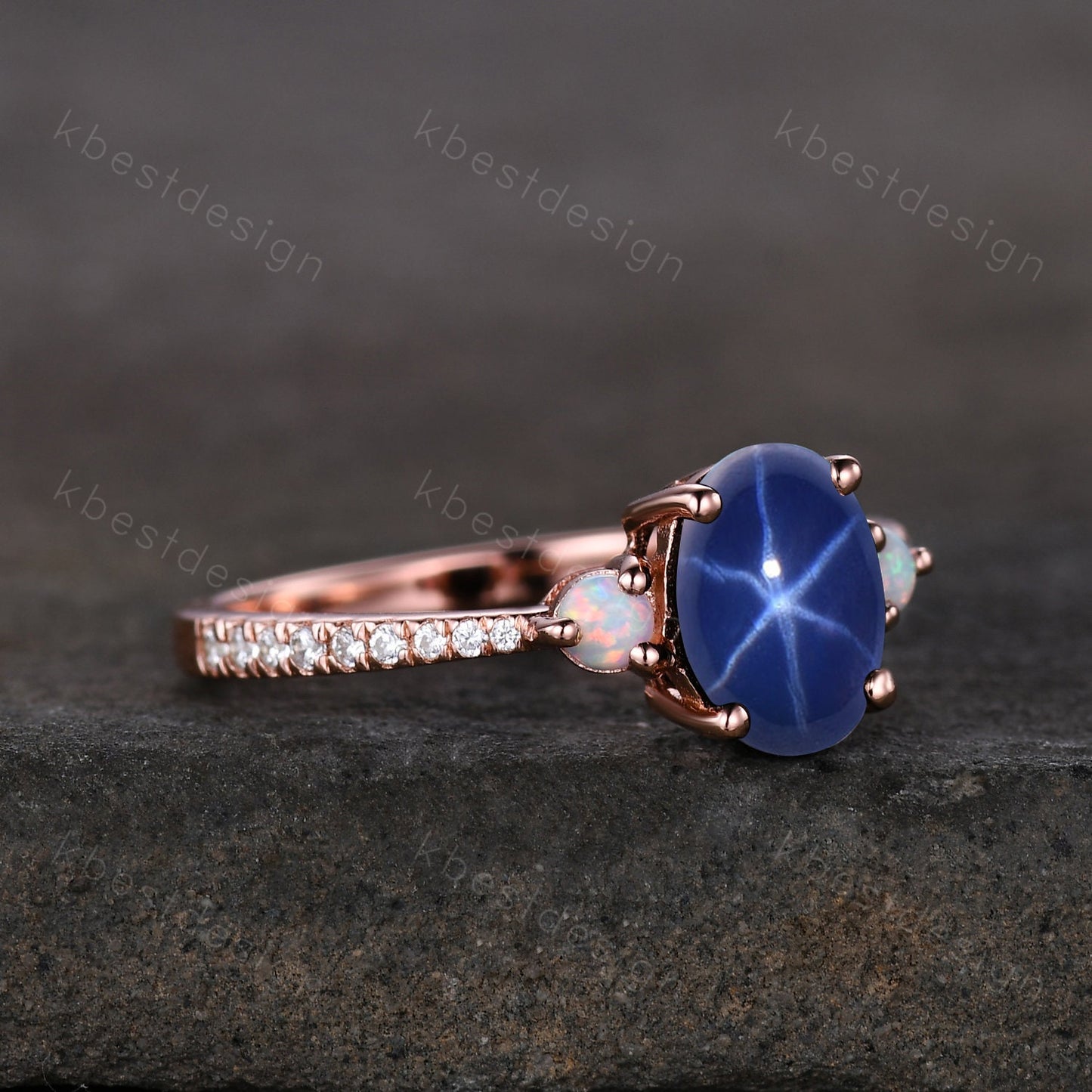 Star Sapphire Engagement Ring Oval Cut Galaxy Crystal Engagement Ring Rose Gold Opal Three stone Ring Unique Promise Ring September Ring