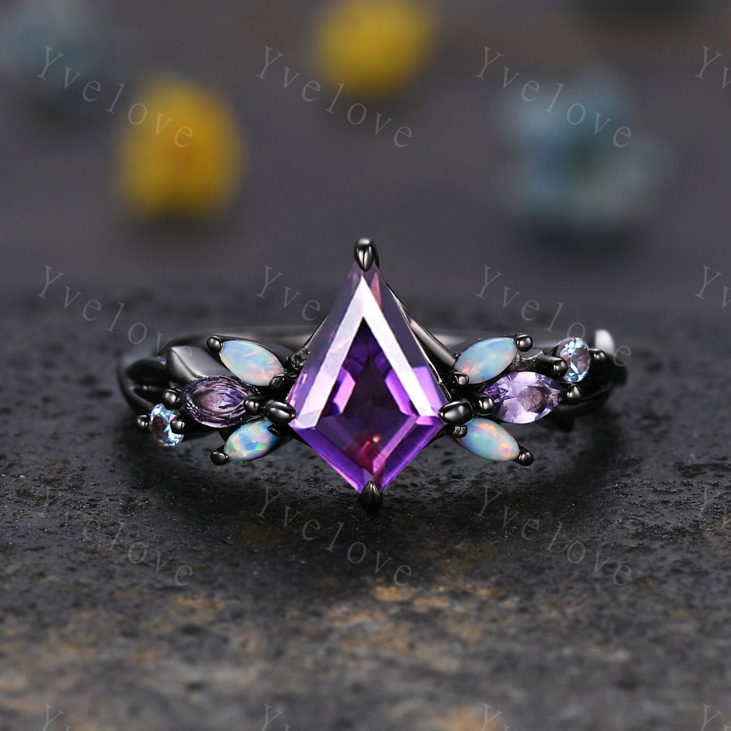 Vintage Kite Amethyst Engagement Ring Set,White Gold,Vines Amethyst Opal Ring,Women Bridal Set,Unique Twig Anniversary Promise Ring Gift