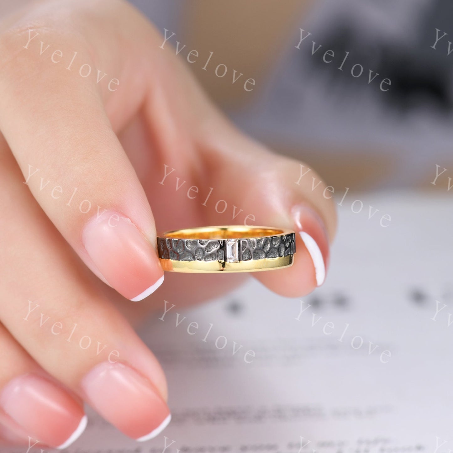 Mens Moissanite Wedding Band Baguette Cut Moissanite Diamond Band Solid Gold Mens Hammered Stacking Matching Band Retro Vintage Ring Gift