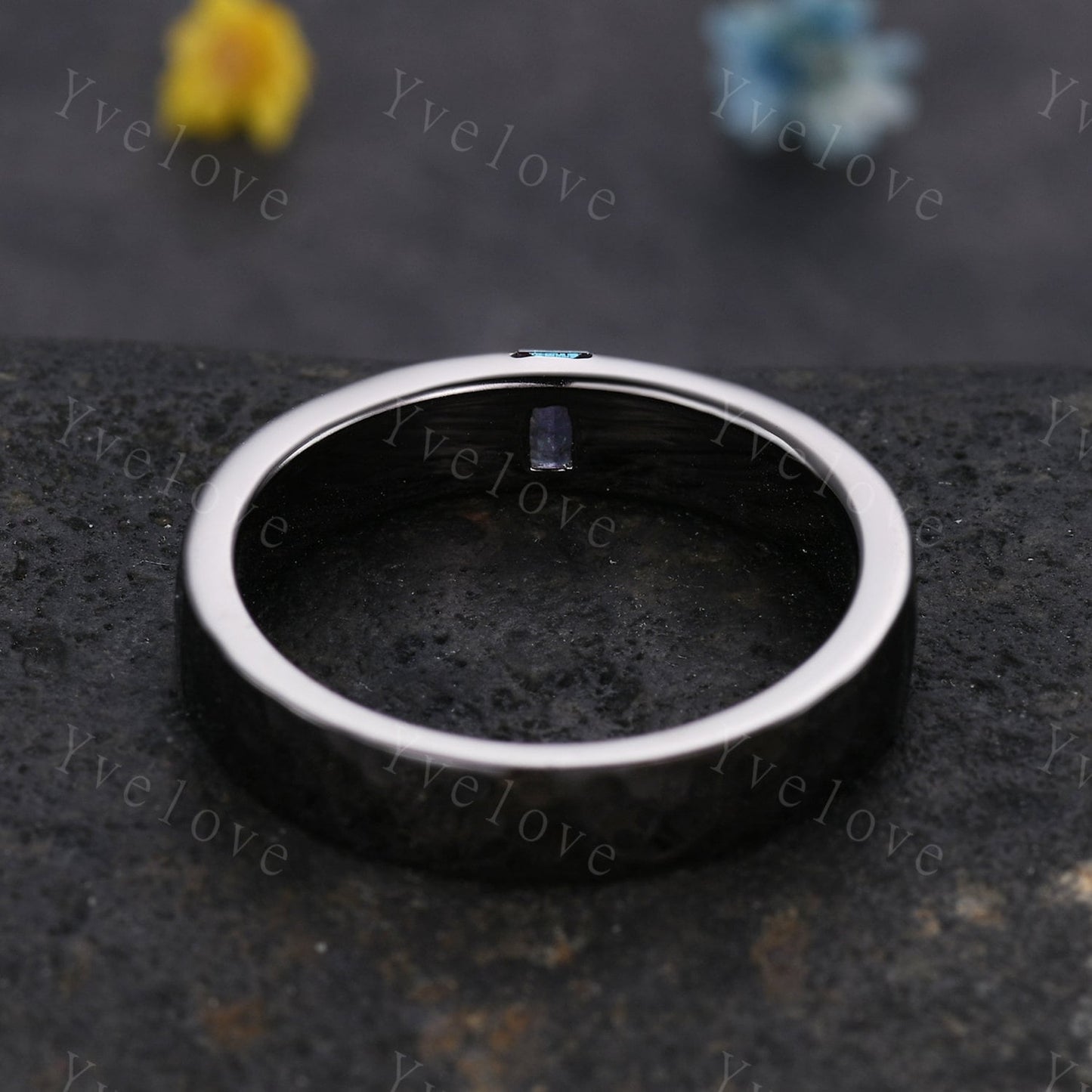 Mens Alexandrite Wedding Band Baguette Cut Alexandrite Band 5mm Black Gold Ring Mens Hammered Stacking Matching Band Retro Vintage Ring Gift