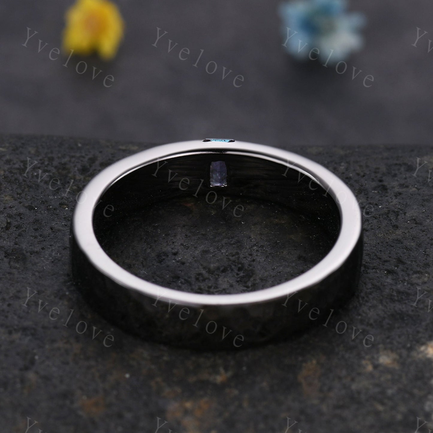 Mens Tanzanite Wedding Band Baguette Cut Tanzanite Band 5mm Black Gold Ring Mens Hammered Stacking Matching Band Retro Ring Gift For Father