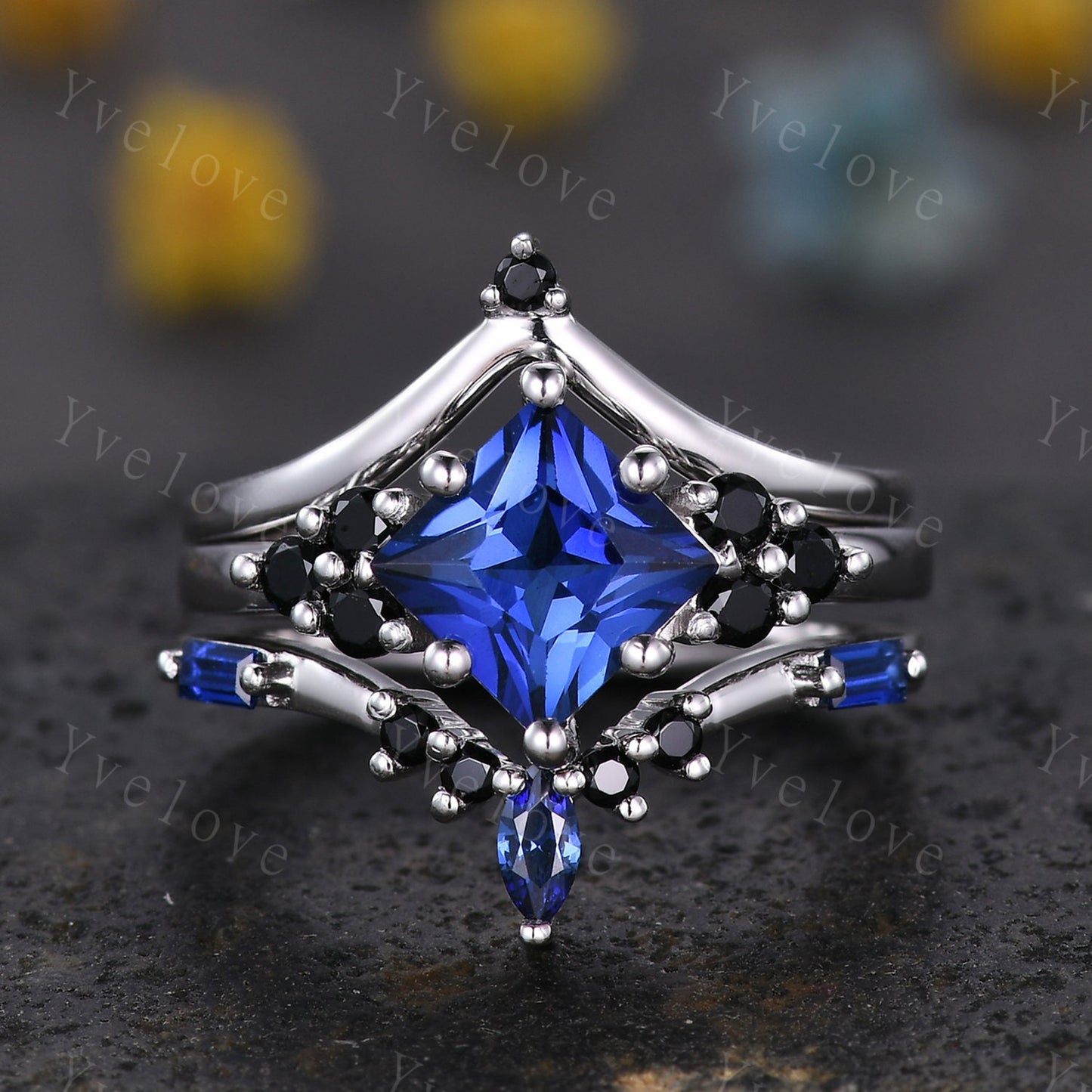 3PCS Vintage princess cut blue sapphire engagement ring set,black spinel ring,baguette sapphire,sterling silver ring,unique ring set gift