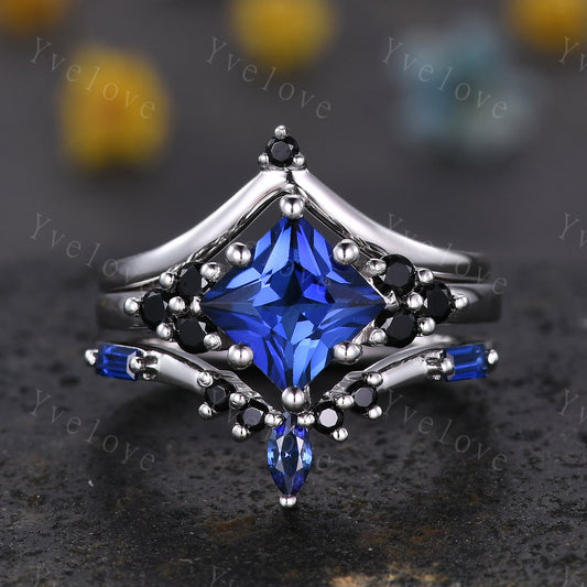 3PCS Vintage princess cut blue sapphire engagement ring set,black spinel ring,baguette sapphire,sterling silver ring,unique ring set gift