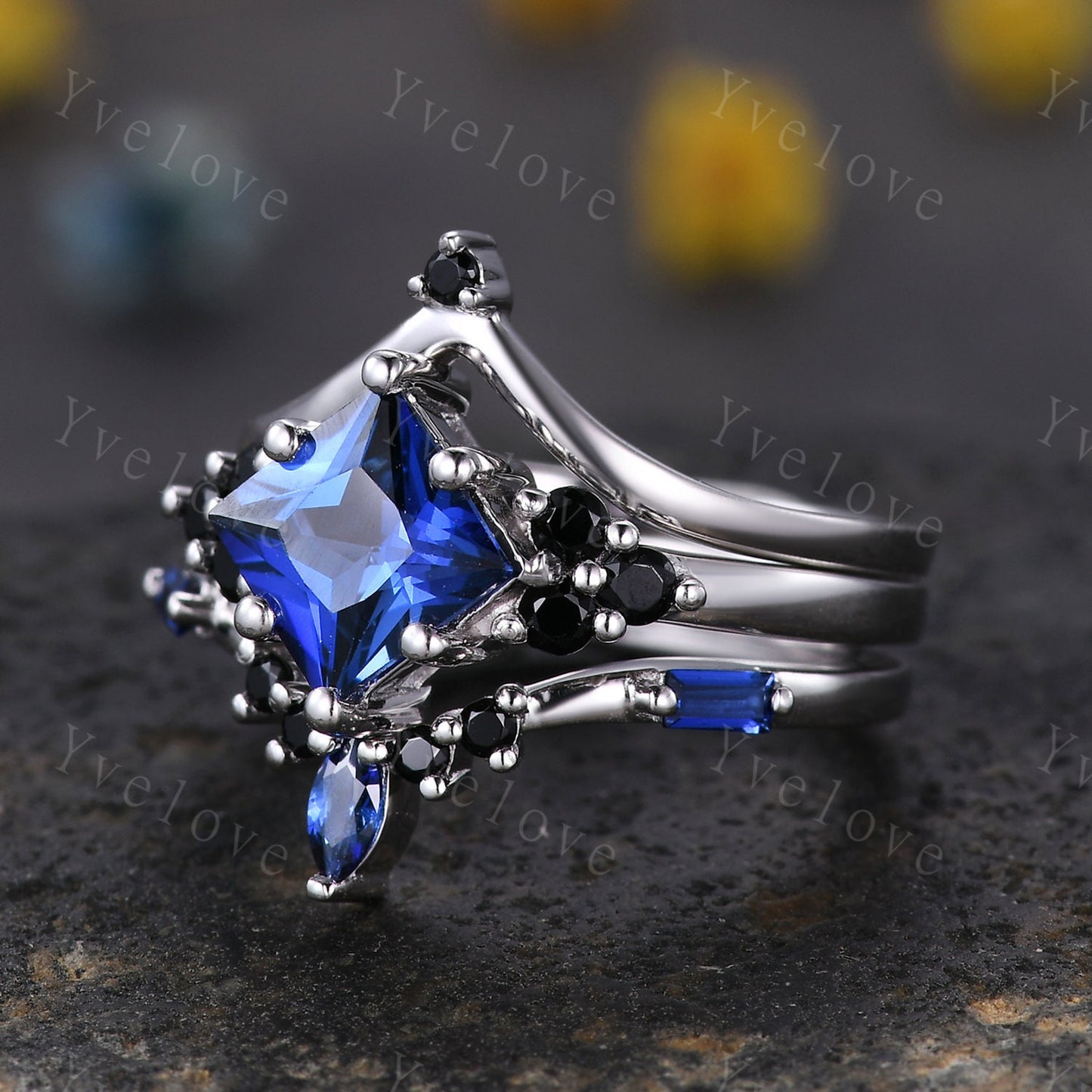 3PCS Vintage princess cut blue sapphire engagement ring set,black spinel ring,baguette sapphire,sterling silver ring,unique ring set gift