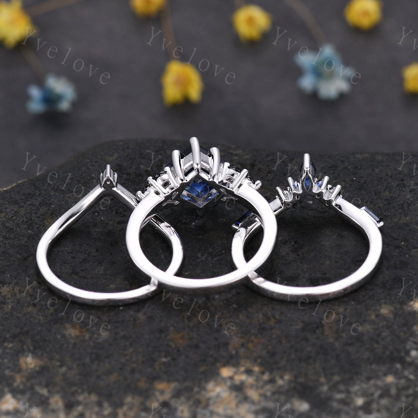 3PCS Vintage princess cut blue sapphire engagement ring set,black spinel ring,baguette sapphire,sterling silver ring,unique ring set gift
