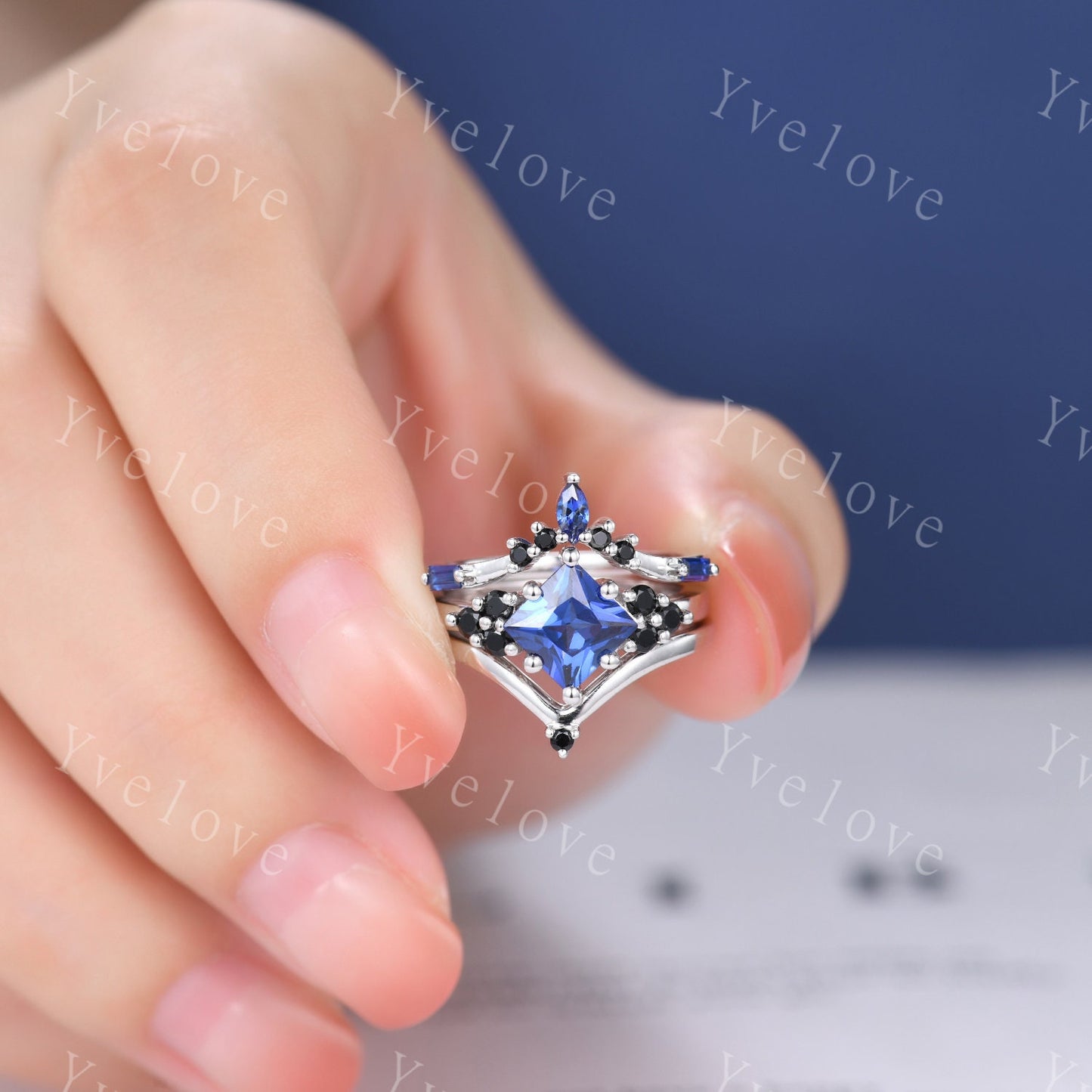 3PCS Vintage princess cut blue sapphire engagement ring set,black spinel ring,baguette sapphire,sterling silver ring,unique ring set gift