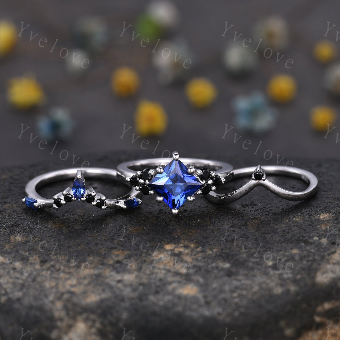 3PCS Vintage princess cut blue sapphire engagement ring set,black spinel ring,baguette sapphire,sterling silver ring,unique ring set gift