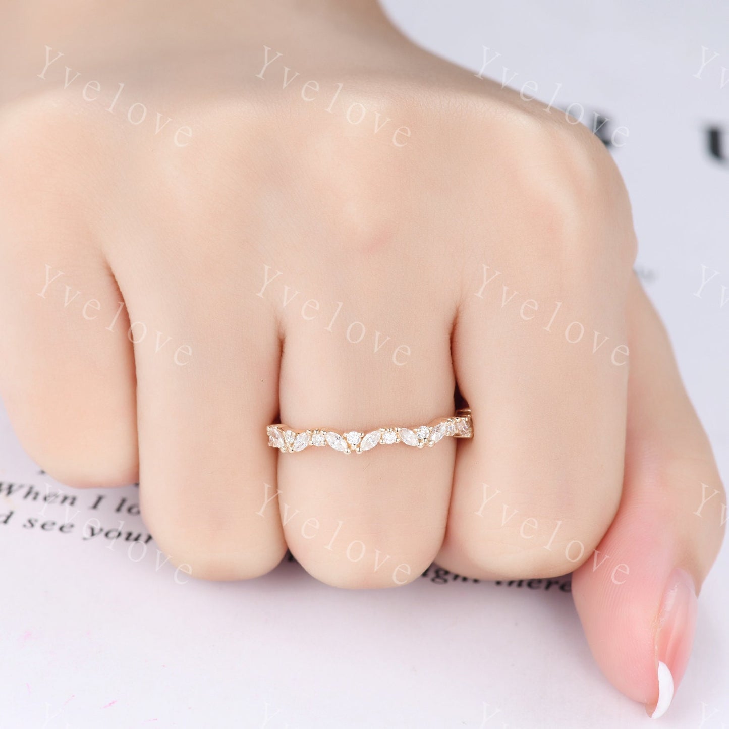 Marquise moissanite wedding band vintage 14k 18k yellow gold ring moissanite antique unique stacking band anniversary promise matching band