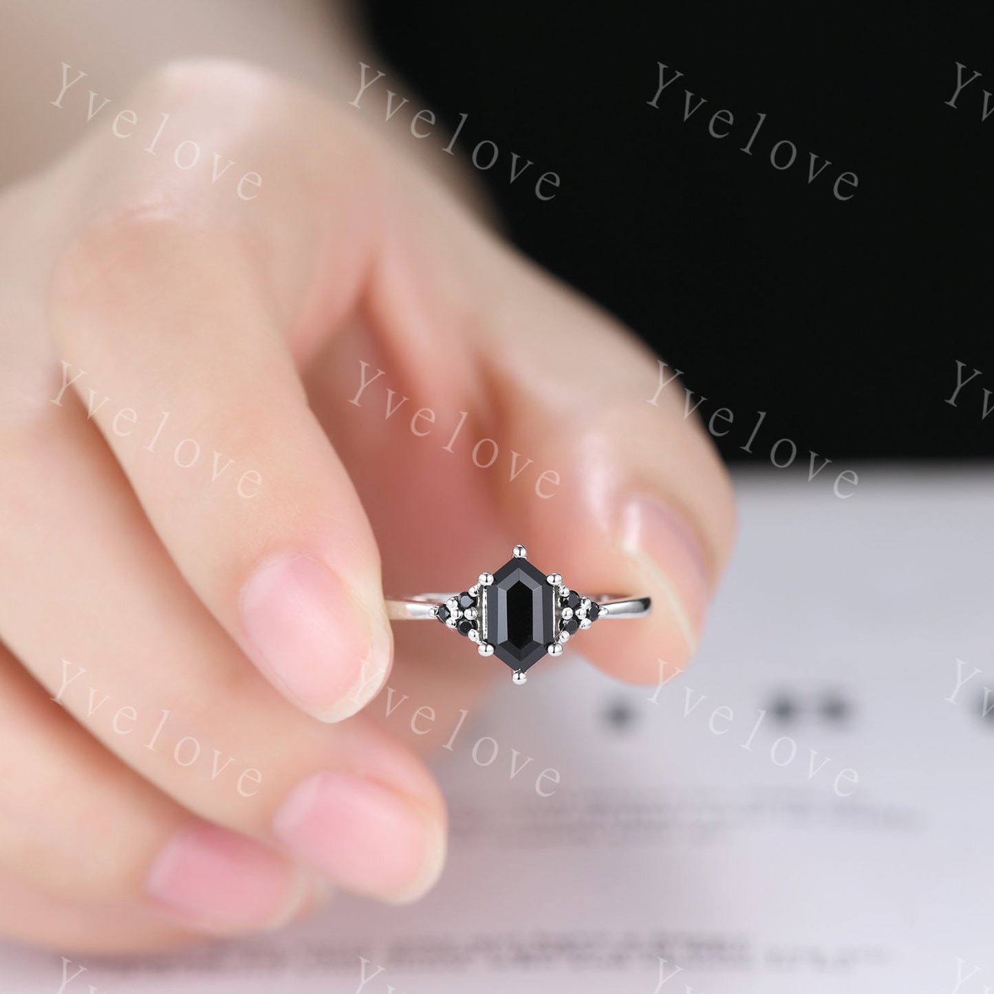Retro hexagon Black Onyx Ring,Vintage Sterling Silver Ring Set,Unique Black Diamond Engagement Ring,Promise Anniversary Ring Gift For Her