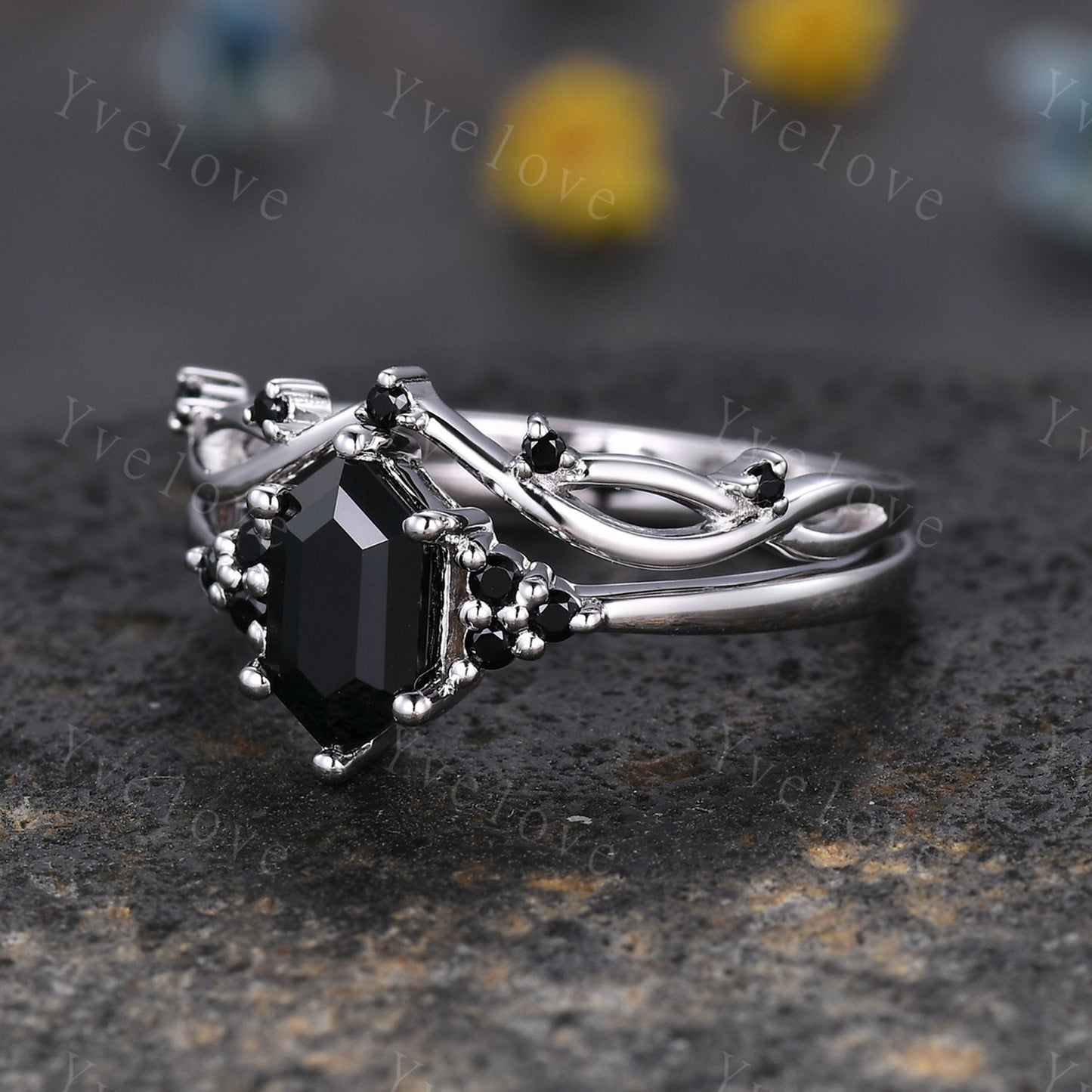 Retro hexagon Black Onyx Ring,Vintage Sterling Silver Ring Set,Unique Black Diamond Engagement Ring,Promise Anniversary Ring Gift For Her