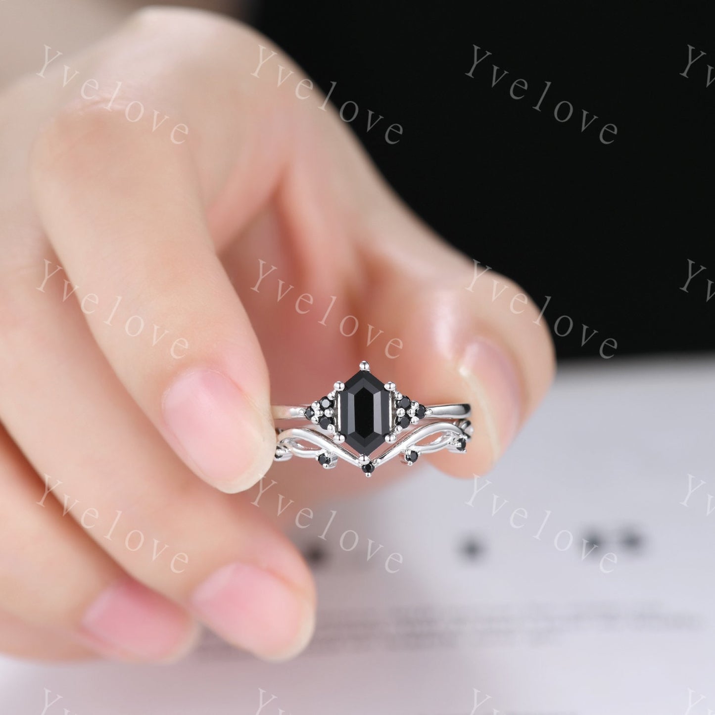 Retro hexagon Black Onyx Ring,Vintage Sterling Silver Ring Set,Unique Black Diamond Engagement Ring,Promise Anniversary Ring Gift For Her