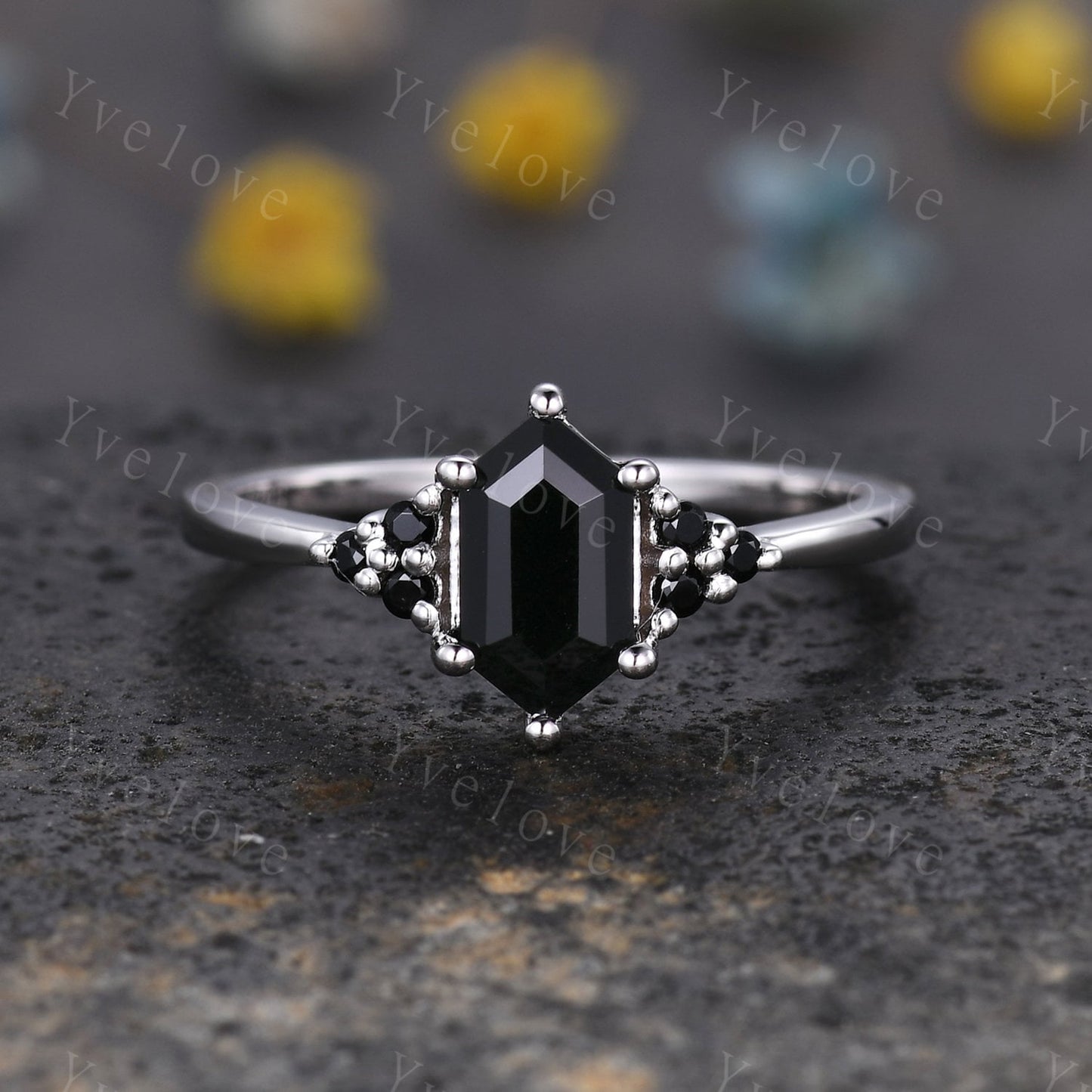 Retro hexagon Black Onyx Ring,Vintage Sterling Silver Ring Set,Unique Black Diamond Engagement Ring,Promise Anniversary Ring Gift For Her