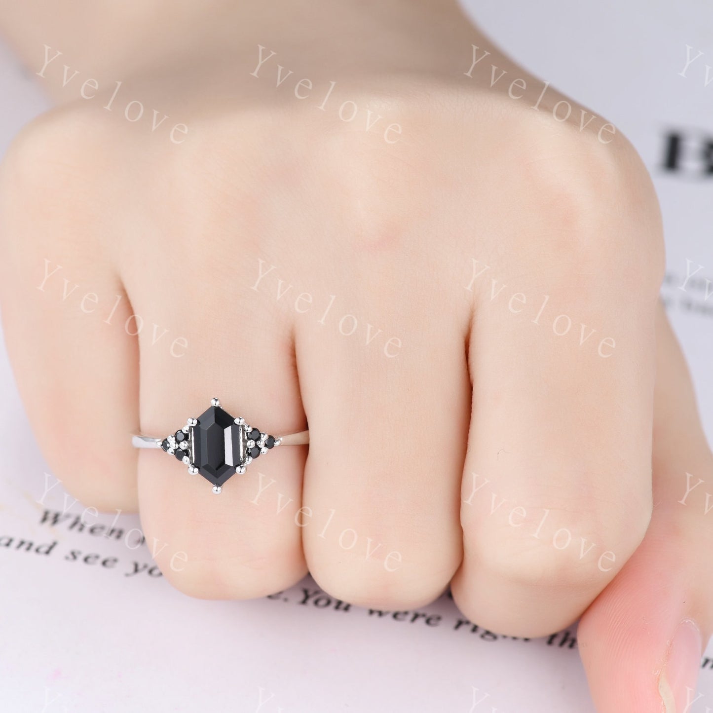 Retro hexagon Black Onyx Ring,Vintage Sterling Silver Ring Set,Unique Black Diamond Engagement Ring,Promise Anniversary Ring Gift For Her