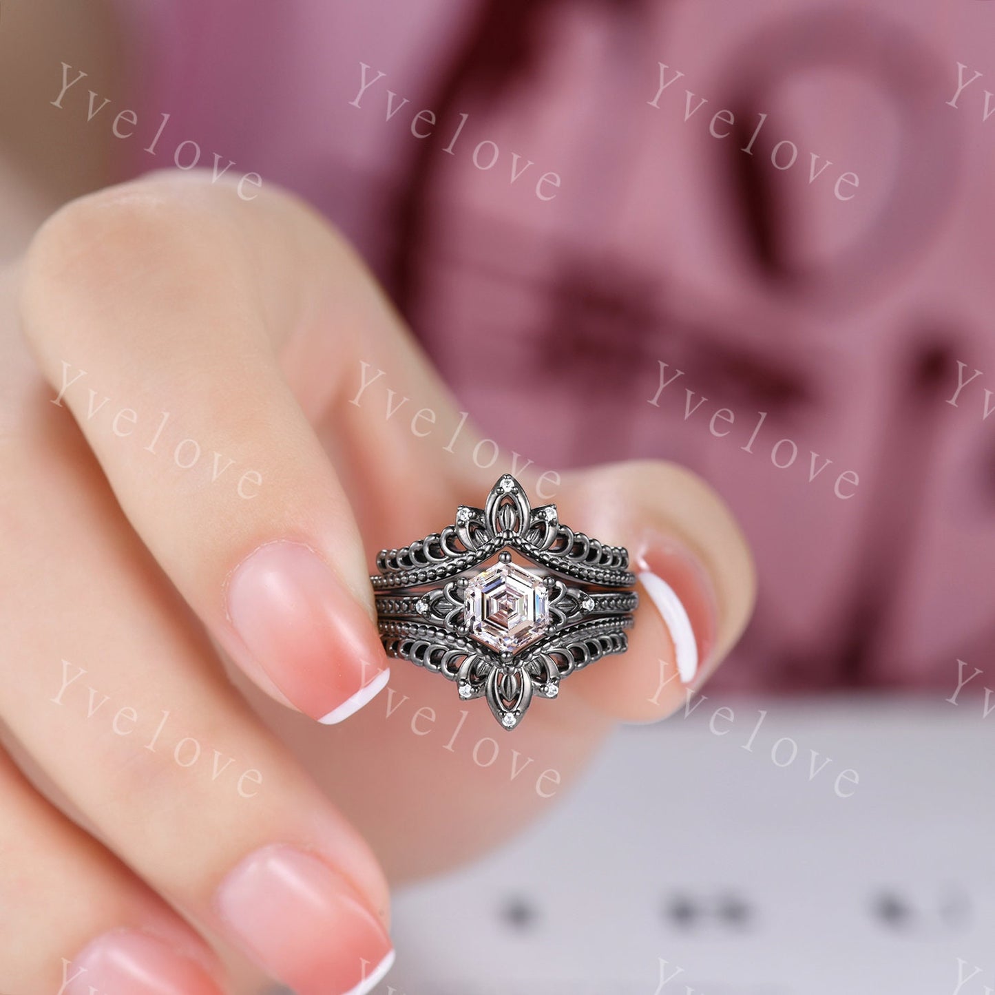 Vintage Black Gold Hexagon Cut Diamond Engagement Ring Set Unique Bridal Set,CVD Diamond Ring Dark Promise Wedding Set,Celtic Enhancer Band
